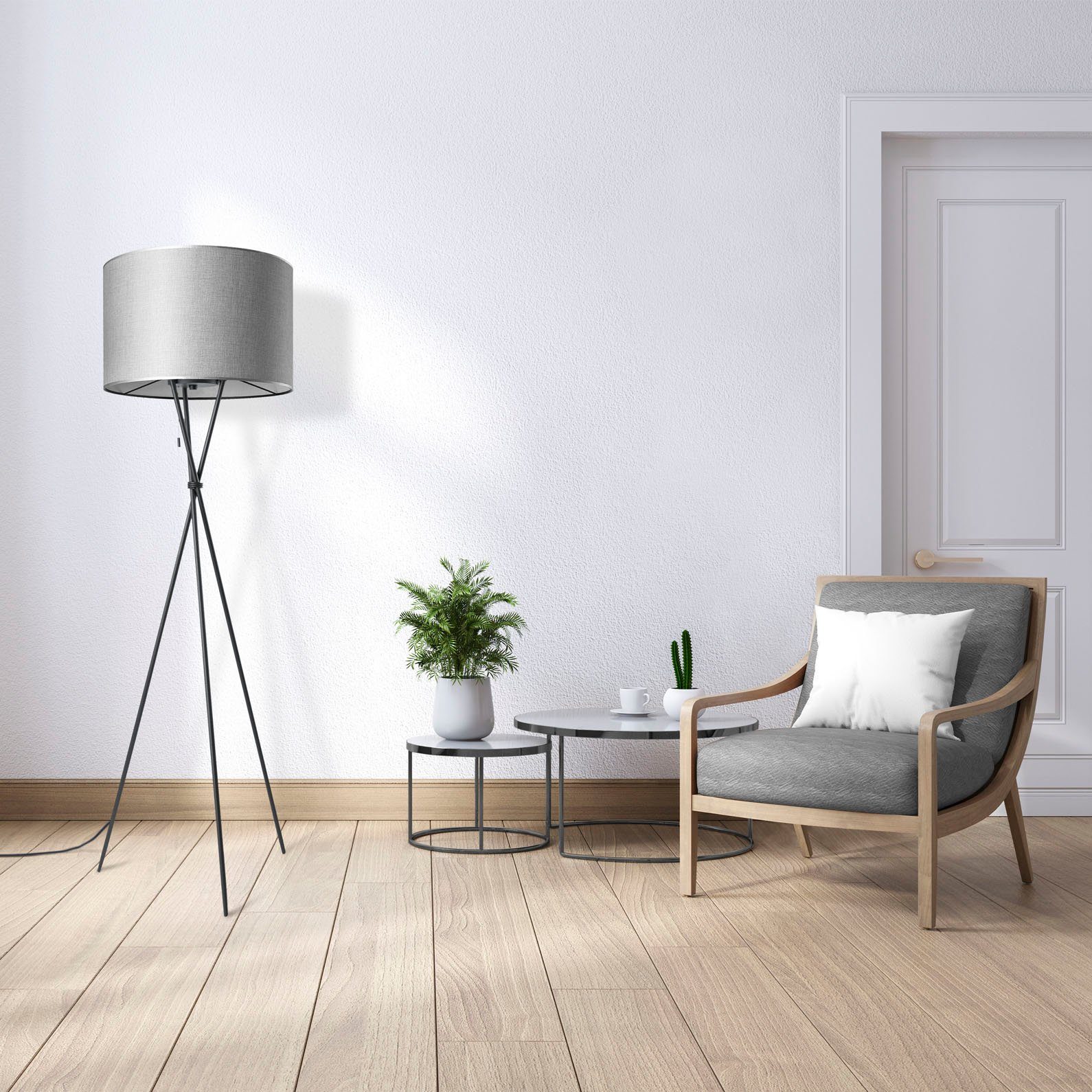 Paco Home Staande lamp KATE CANVAS UNI COLOR Woonkamer driepoot stoffen lampenkap vloerlamp textiel kap E27