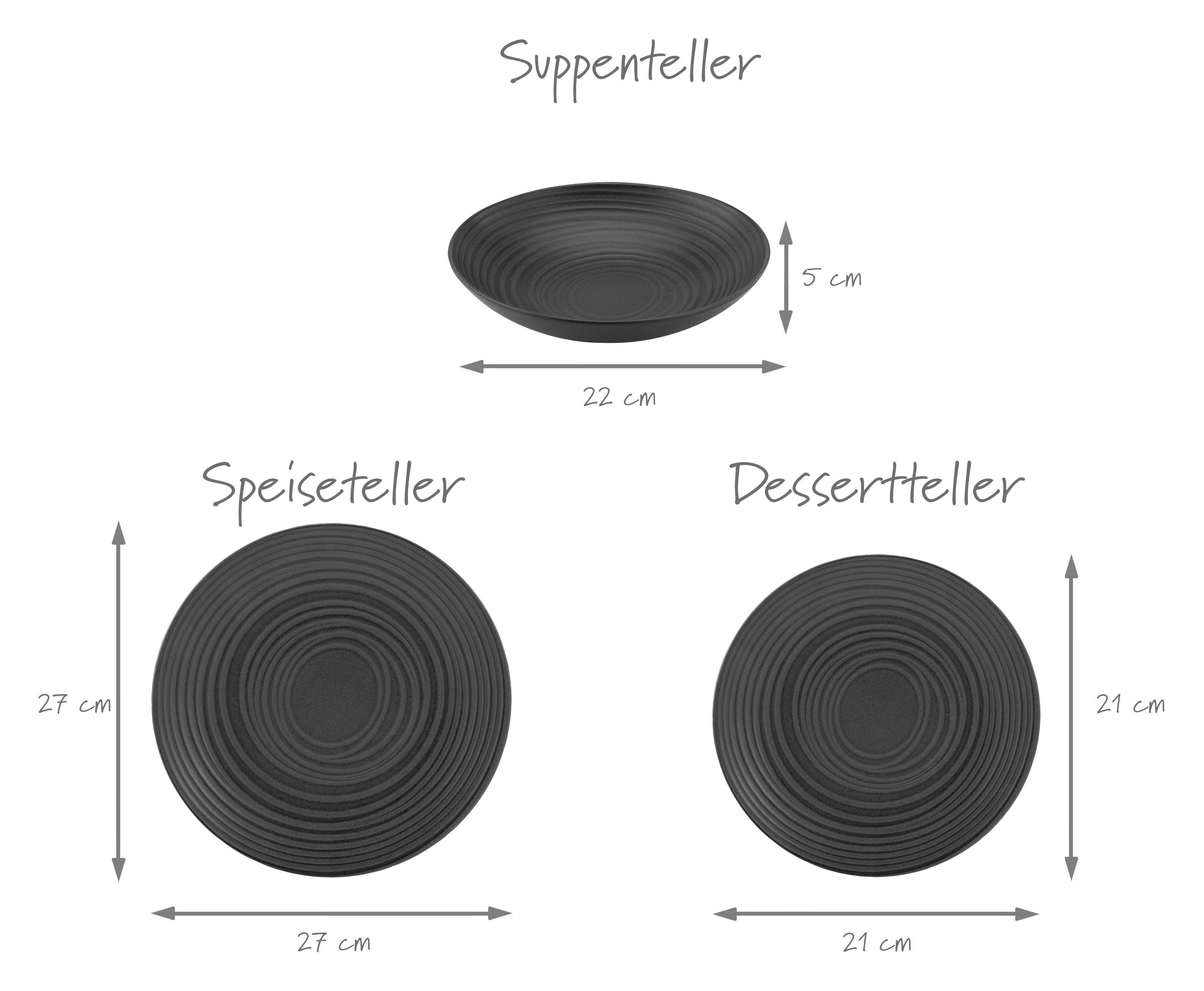CreaTable Eetservies Servies-set Lava Stone Servies, zwart, reliëfdecor, Made in Europe, 12 delen voor 4 personen (set, 12-delig)