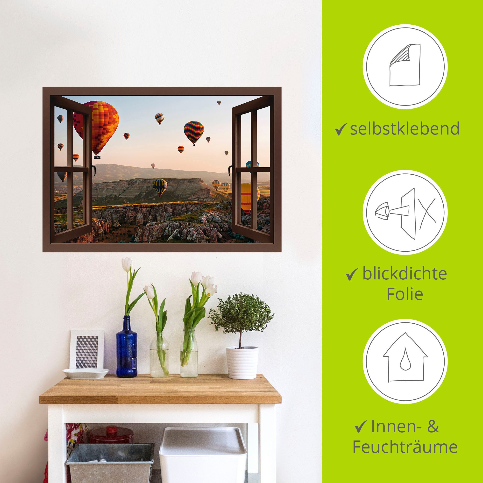 Artland Artprint Blik uit het venster Cappadocië ballonvaart als artprint op linnen, poster, muursticker in verschillende maten