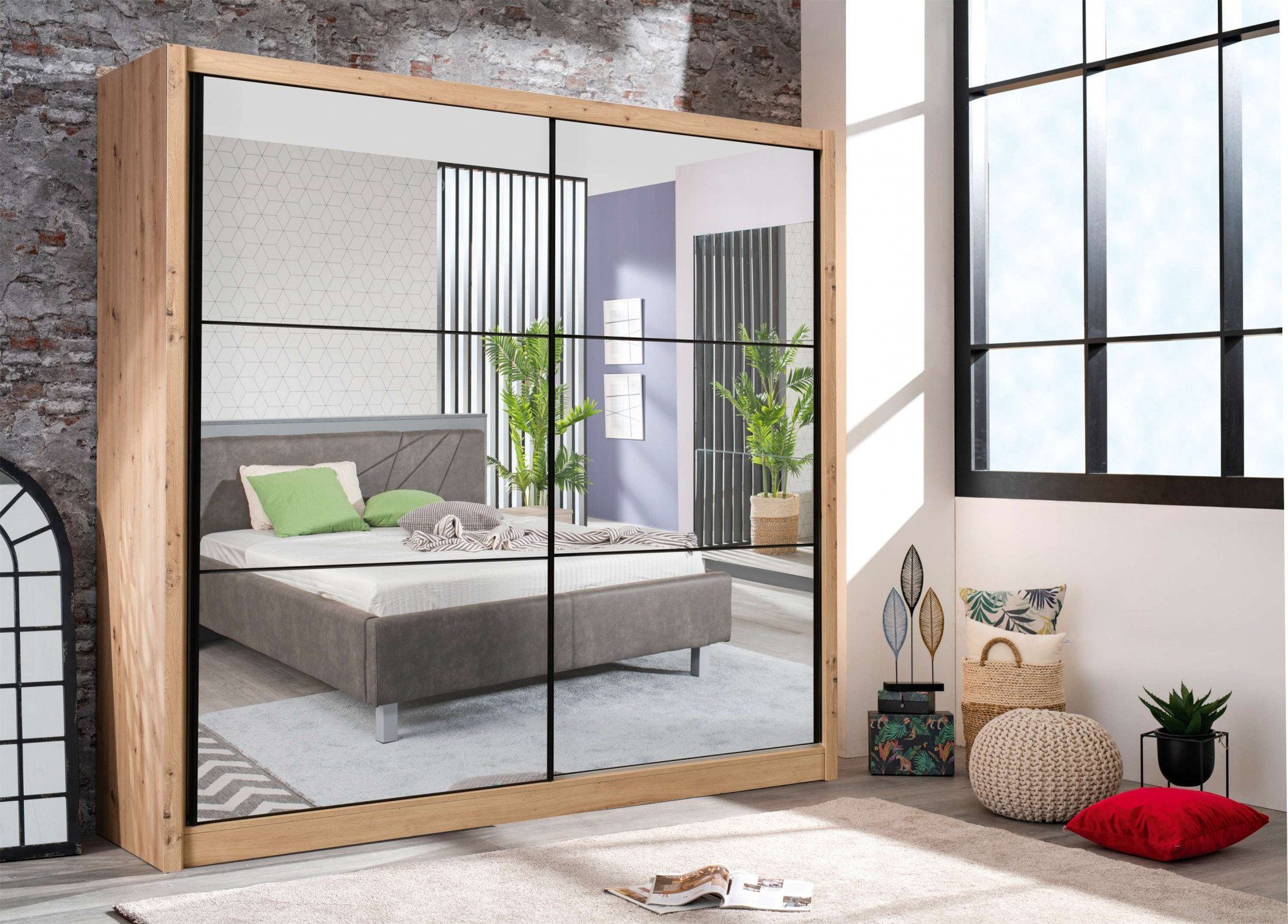 INOSIGN Schuifdeurkast Navara kledingkast met spiegel linnenkast met volledige spiegelfront, fsc®-gecertificeerd, 213,5x215,5x61cm