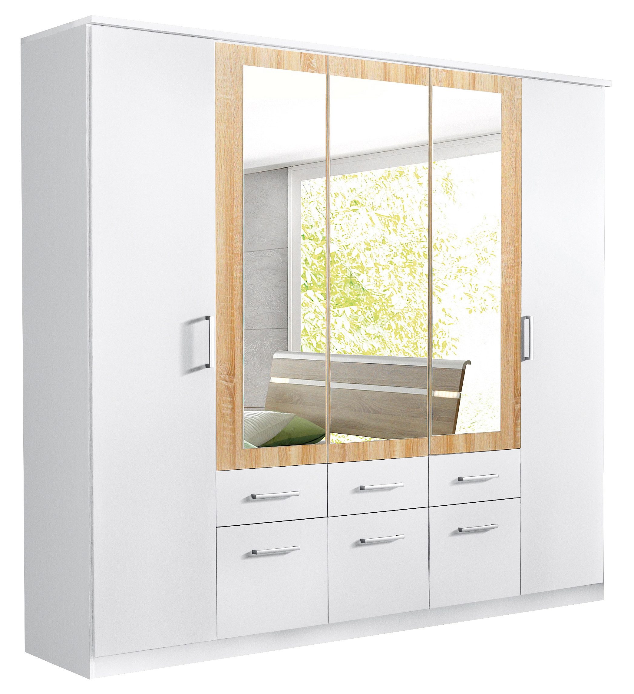 Rauch Kledingkast Draai-deurkast Garderobe BURANO met lades en spiegelomranding in kleuraccent made in germany