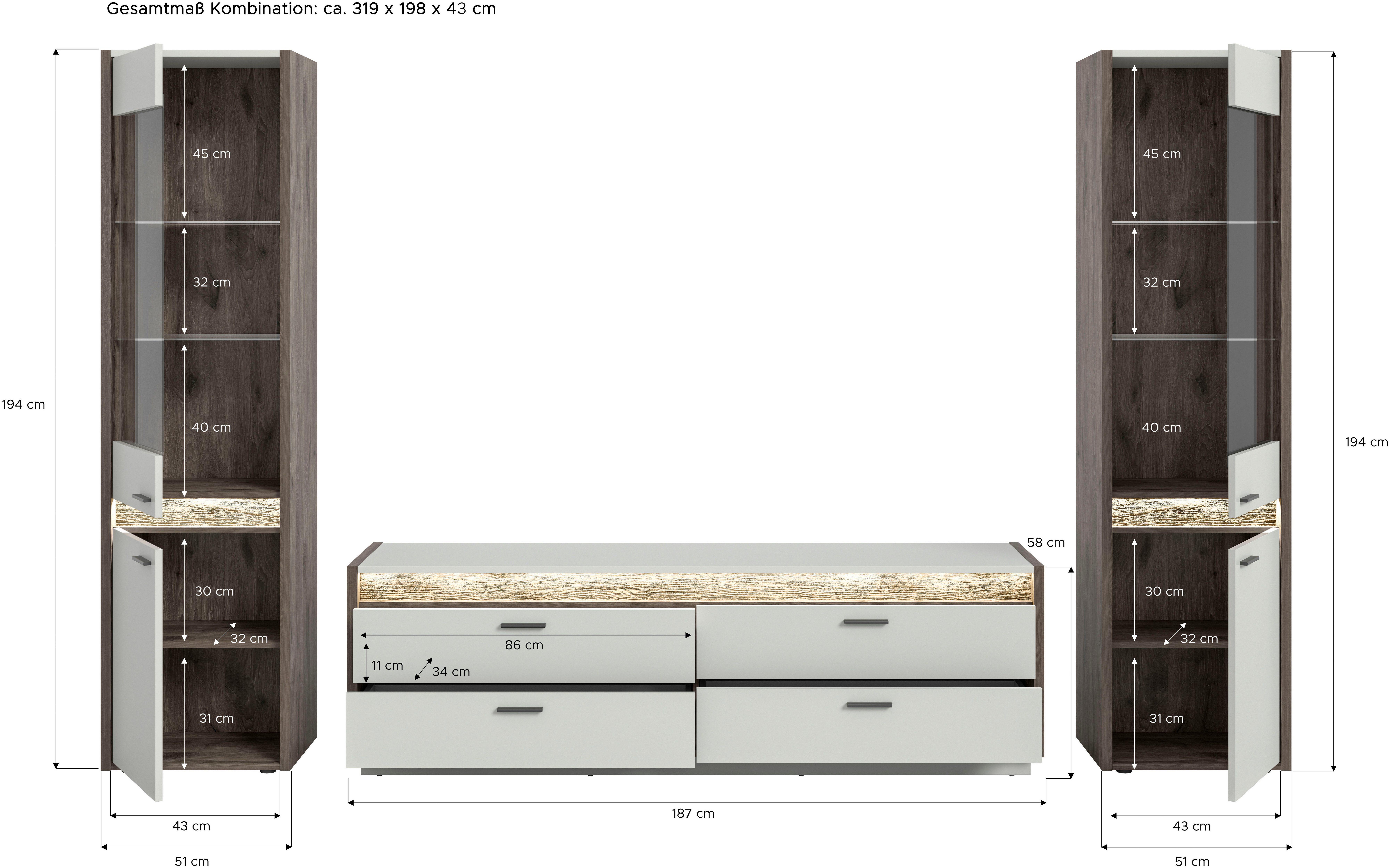 INOSIGN Wandmeubel Treviso, Breedte 319 cm, bestaand uit: 2x Vitrine en 1x Lowboard (3-delig)