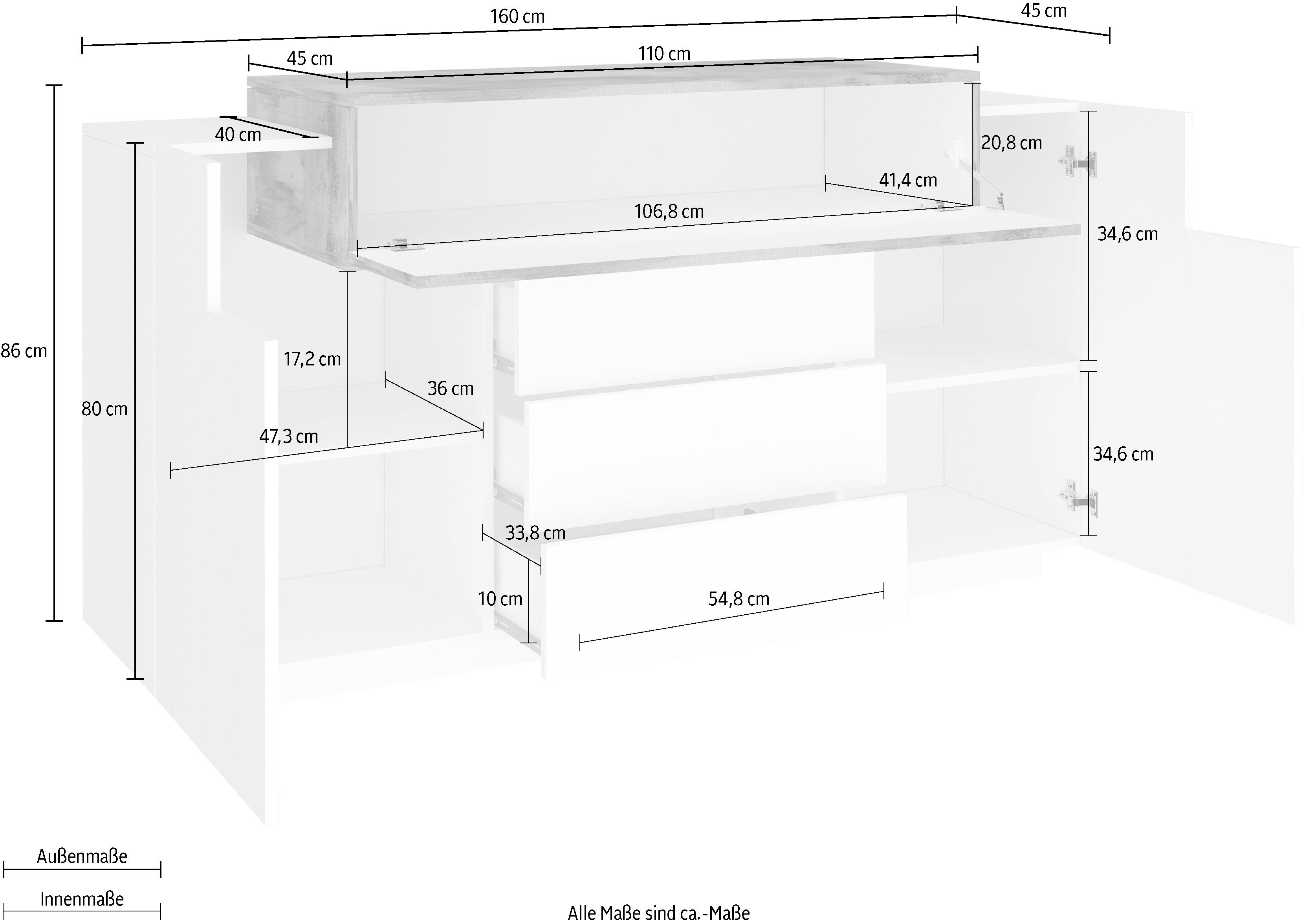 INOSIGN Kast Coro, commode, kast, buffet, greeploos 1 klep, 2 deuren, 3 laden dubbele diepte hoogglans front breedte 160
