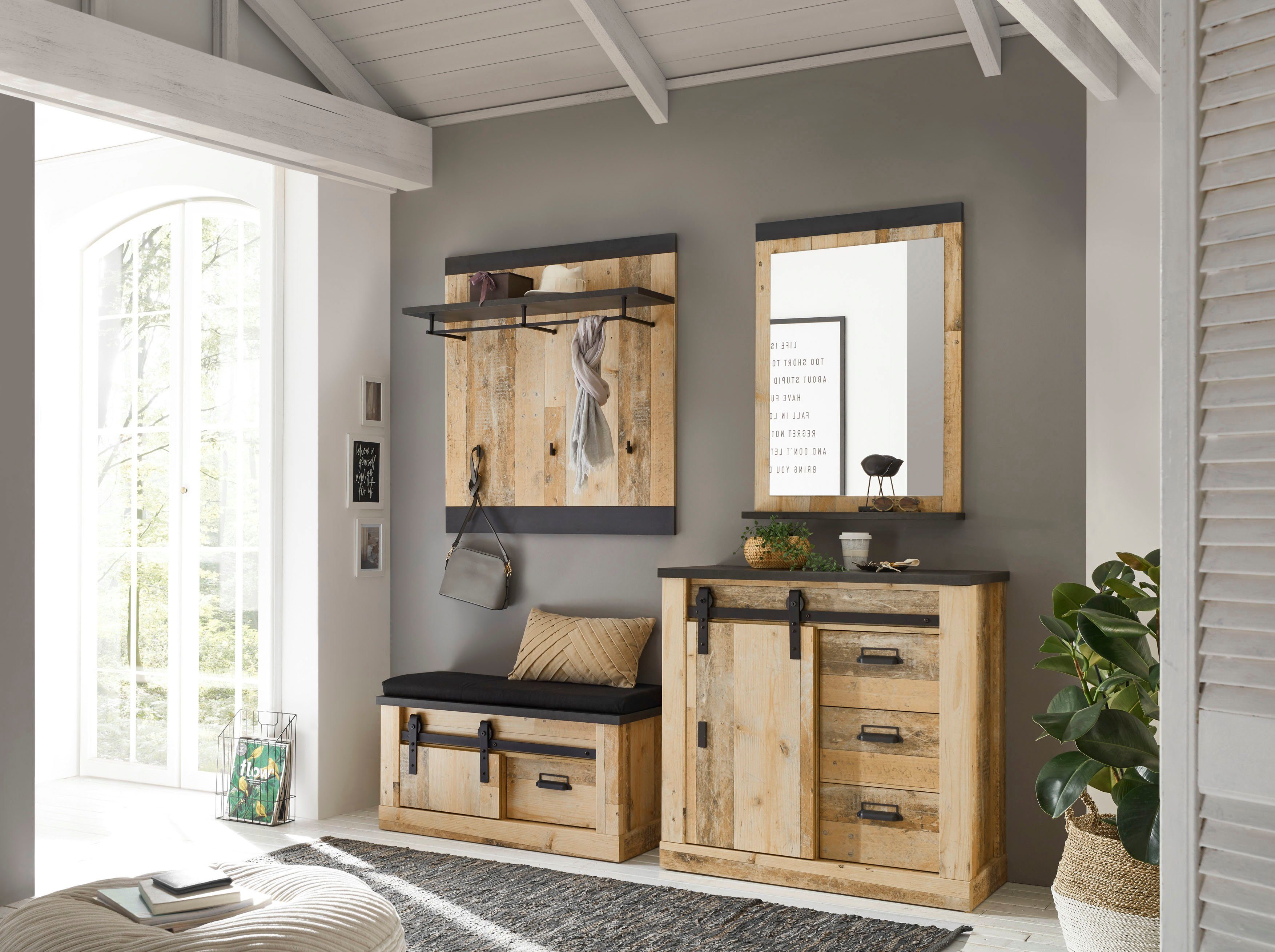 Home affaire Halmeubelset Sherwood met schuurdeurbeslag, apothekersgrepen van metaal (4-delig)