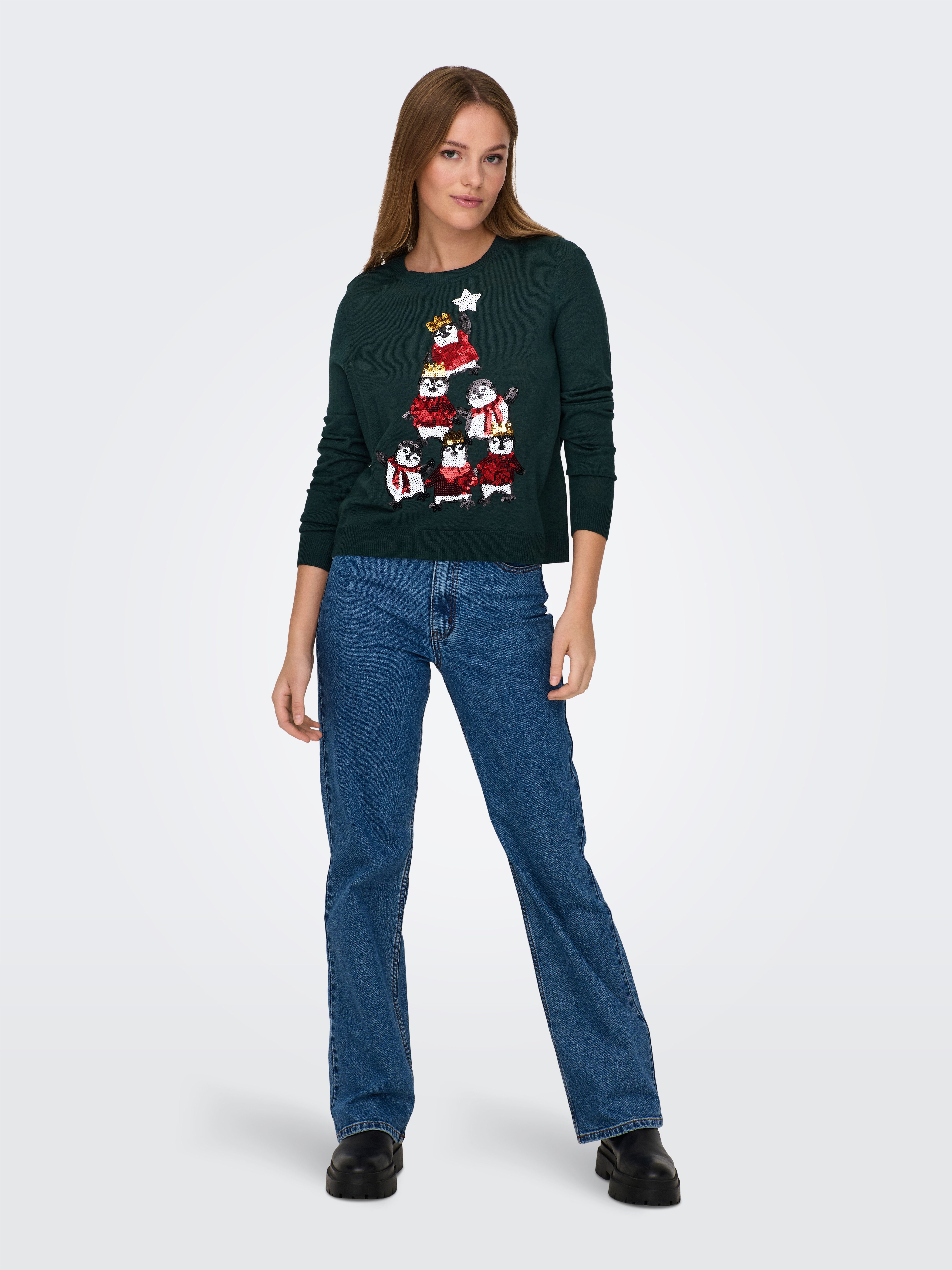 Only Kersttrui ONLXMAS PENGUIN TREE LS O-NECK RP KNT
