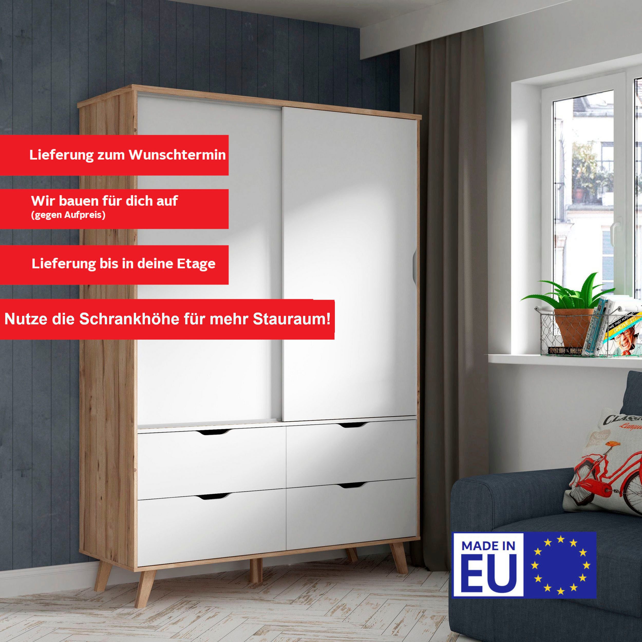 FORTE Schuifdeurkast Vankka Made in Europe, met planken + garderobestang + laden, greeploos