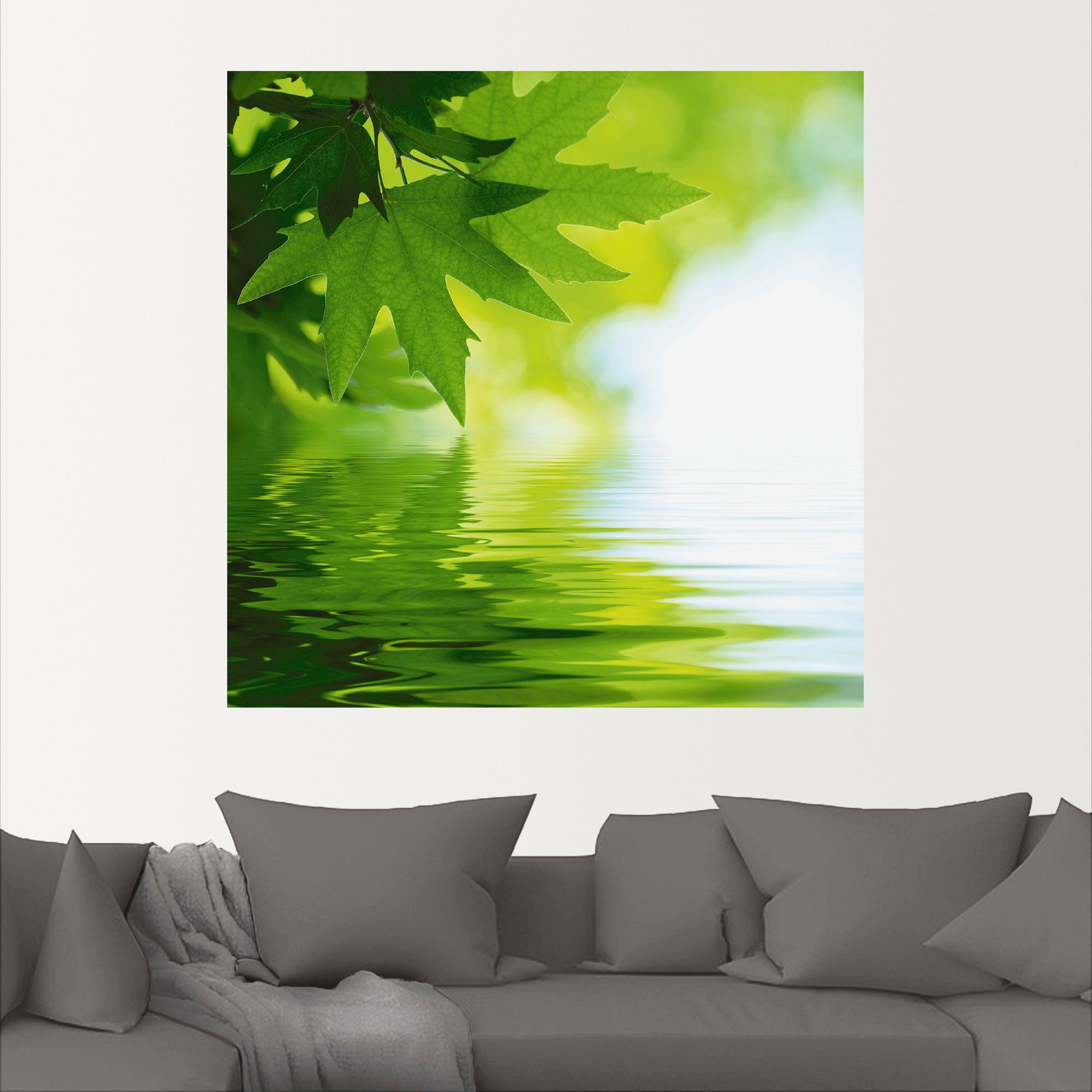 Artland Artprint Groene blaadjes reflecteren in het water als artprint op linnen, poster, muursticker in verschillende maten