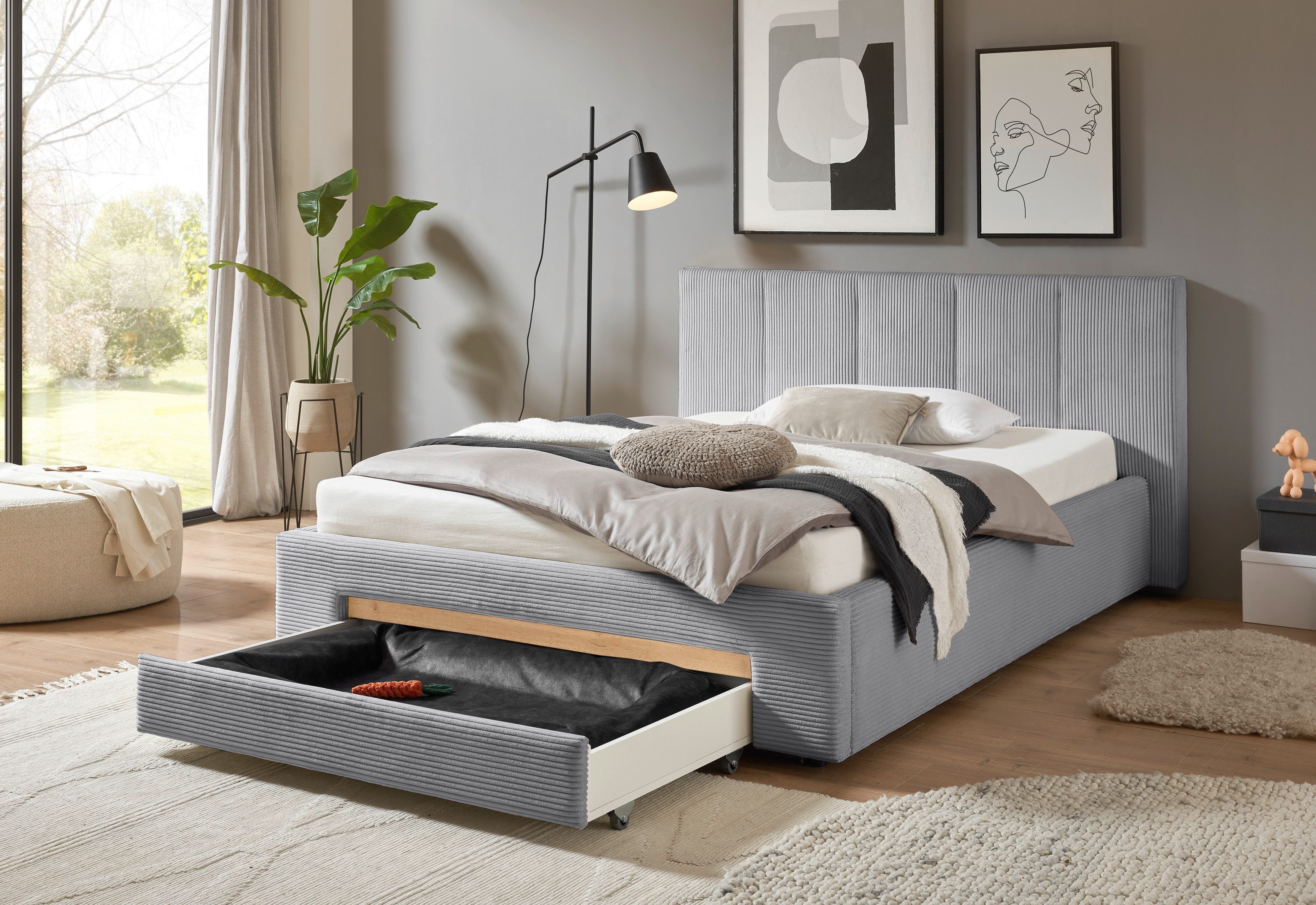 INOSIGN Gestoffeerd bed CiTY/GiRON, bedframe met bedlade, gestoffeerd opbergbed met hondenbed of opberglade, bekleding van corduroy of linnenlook