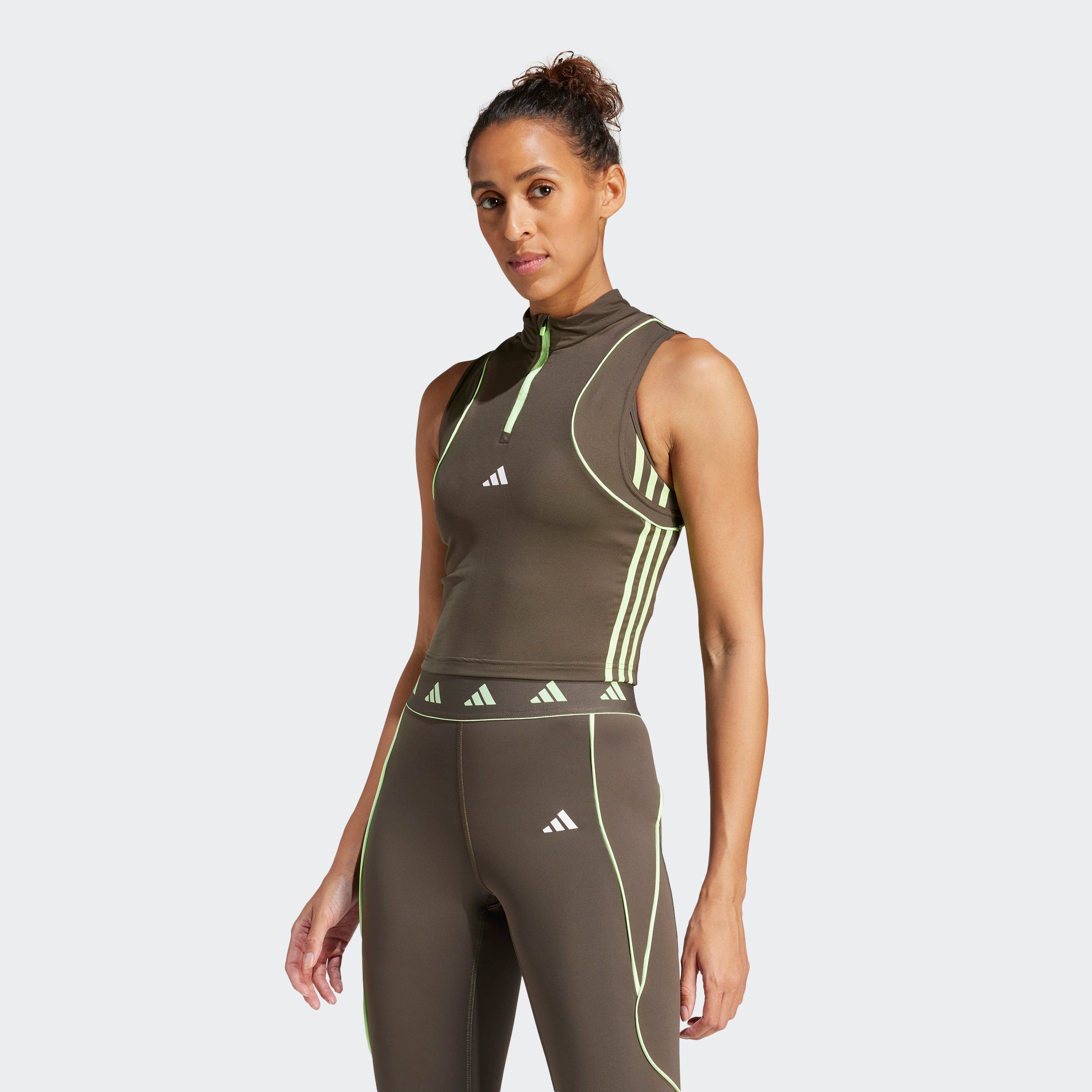 Adidas Hyperglam 1 2 Zip Tank Top Shadow Olive Olive Strata- Dames Shadow Olive Olive Strata