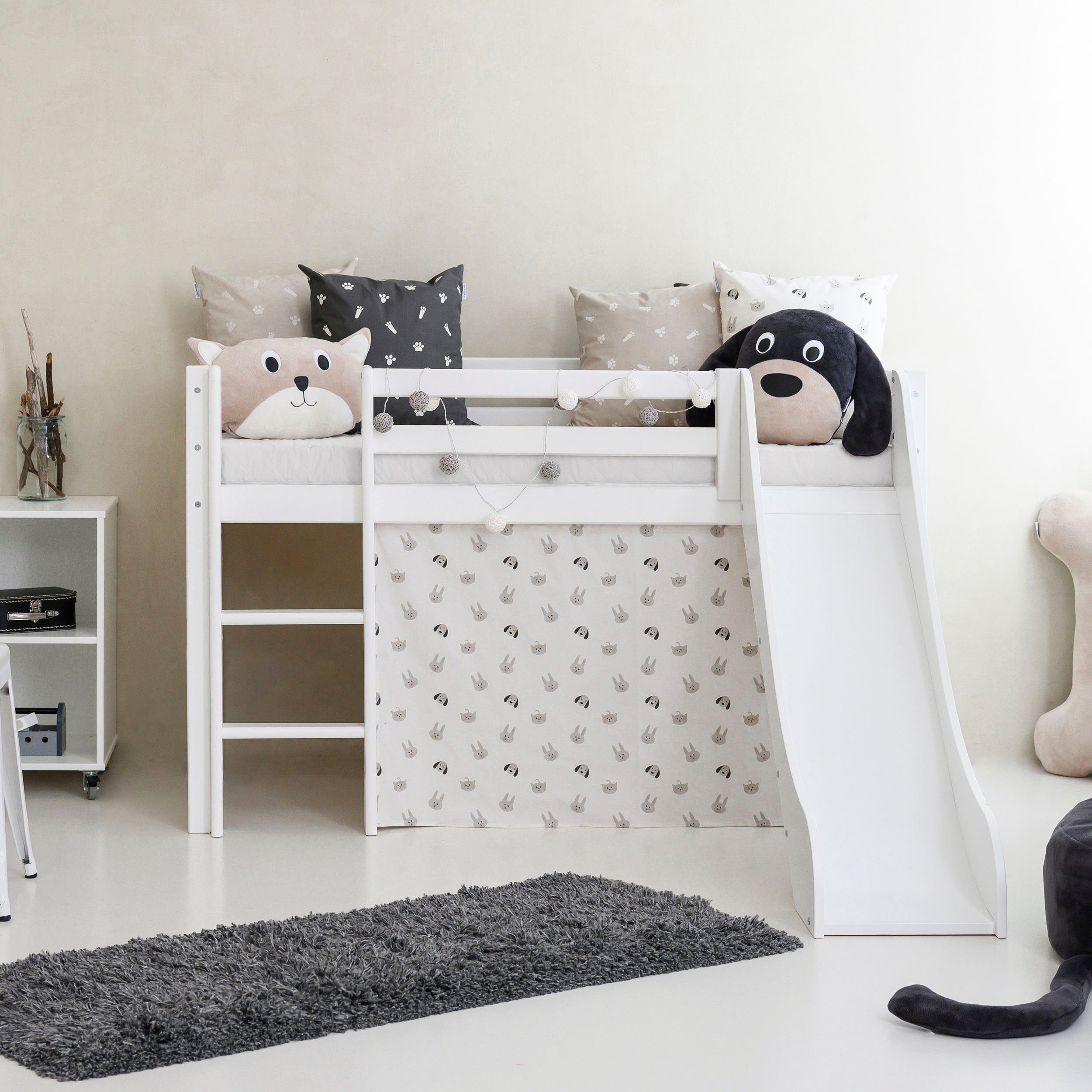 Hoppekids Hoogslaper "Pets Natur" Glijbaan & gordijn grijs en veel keus hoogslapers beige