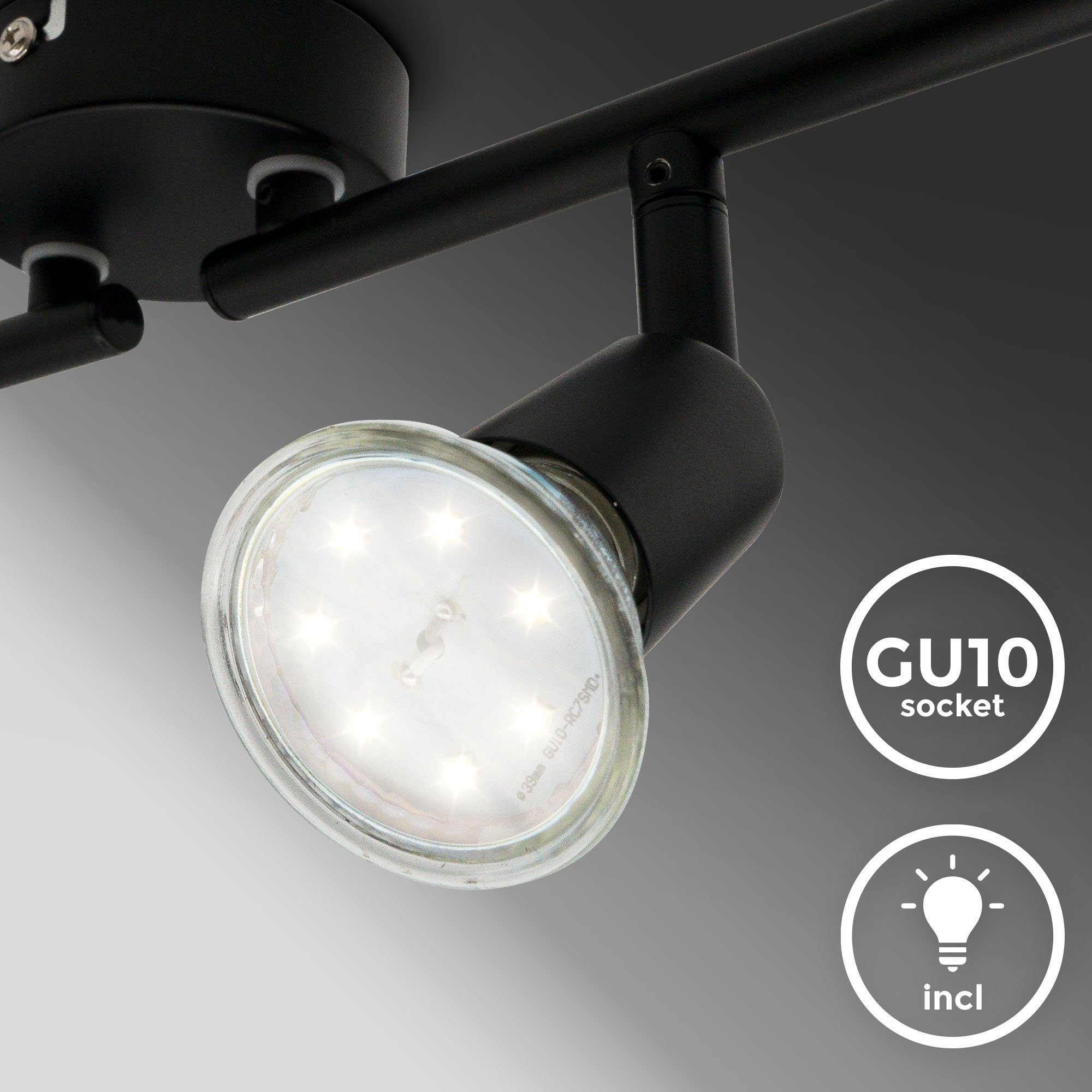 B.K.Licht Ledplafondspot voor buiten BK_DS1546 Plafondlamp, Zwenkbaar, Zwart, Incl. GU10 lamp 4-armig, incl. 4x 2,9 watt gu10, 3000k warmwit licht, 4x 260 lm (1 stuk)