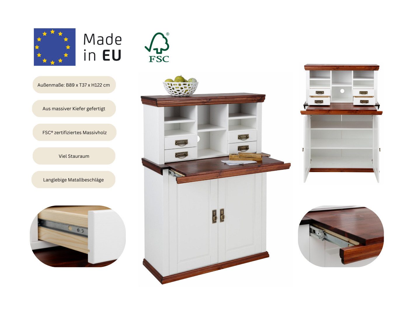 Home affaire Secretaire Konrad Bureau van massief hout, met veel opbergruimte, B89 x H122 cm