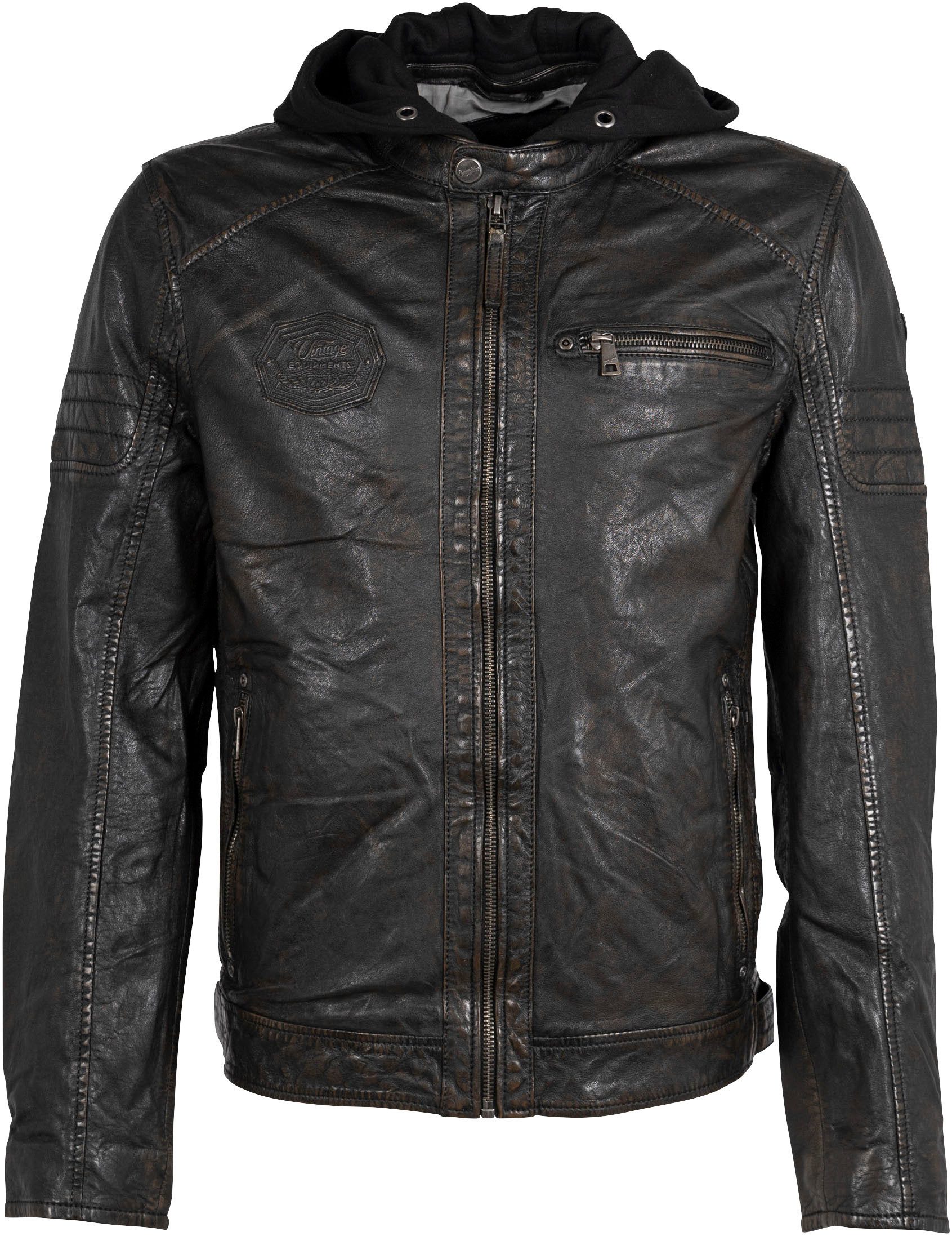 Mauritius Leren jack MMJenno met jersey capuchon, rits, sierstiksels