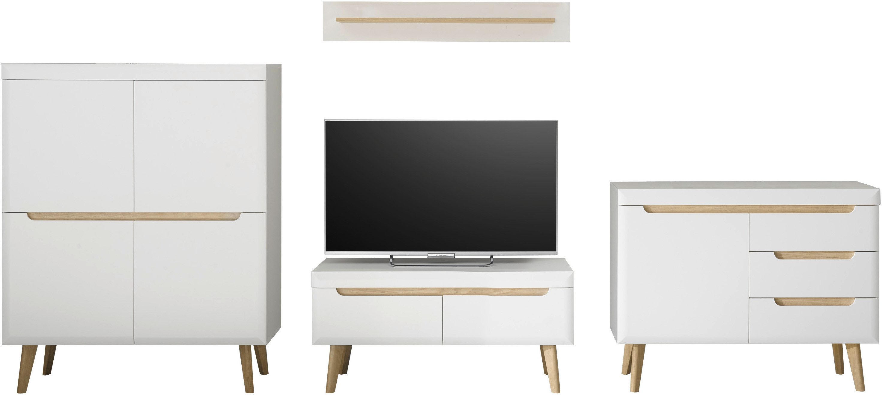 INOSIGN Wandmeubel Torge, wandmeubel, kastwand, mediawand, woonkamer-set bevat lowboard, sideboard, highboard + wandplank, 361 cm breed (4-delig)