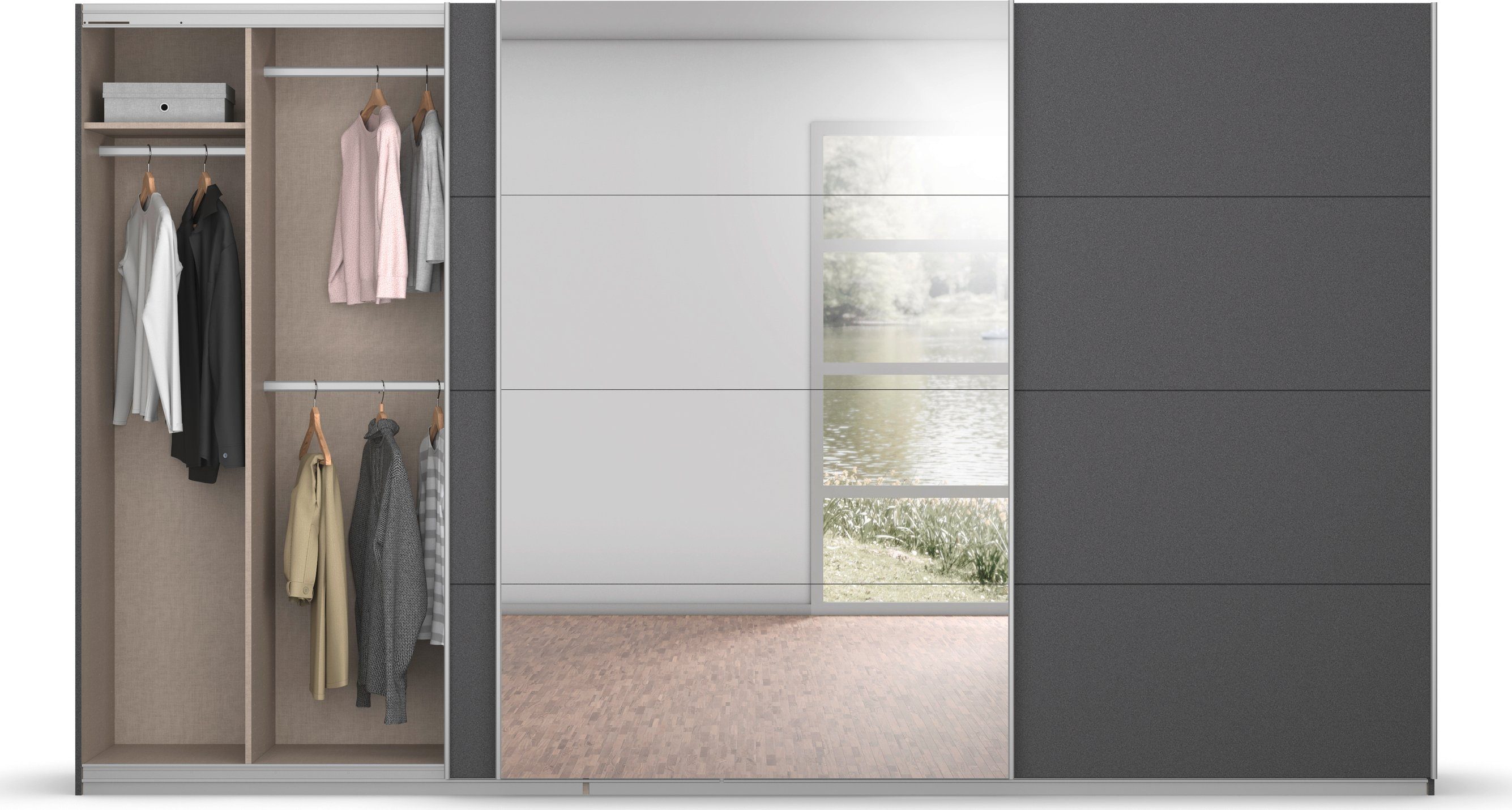 rauch Zweefdeurkast Kledingkast kast garderobe BESTSELLER KOLUNA met spiegel inclusief 2 binnenladen en extra legplanken made in germany