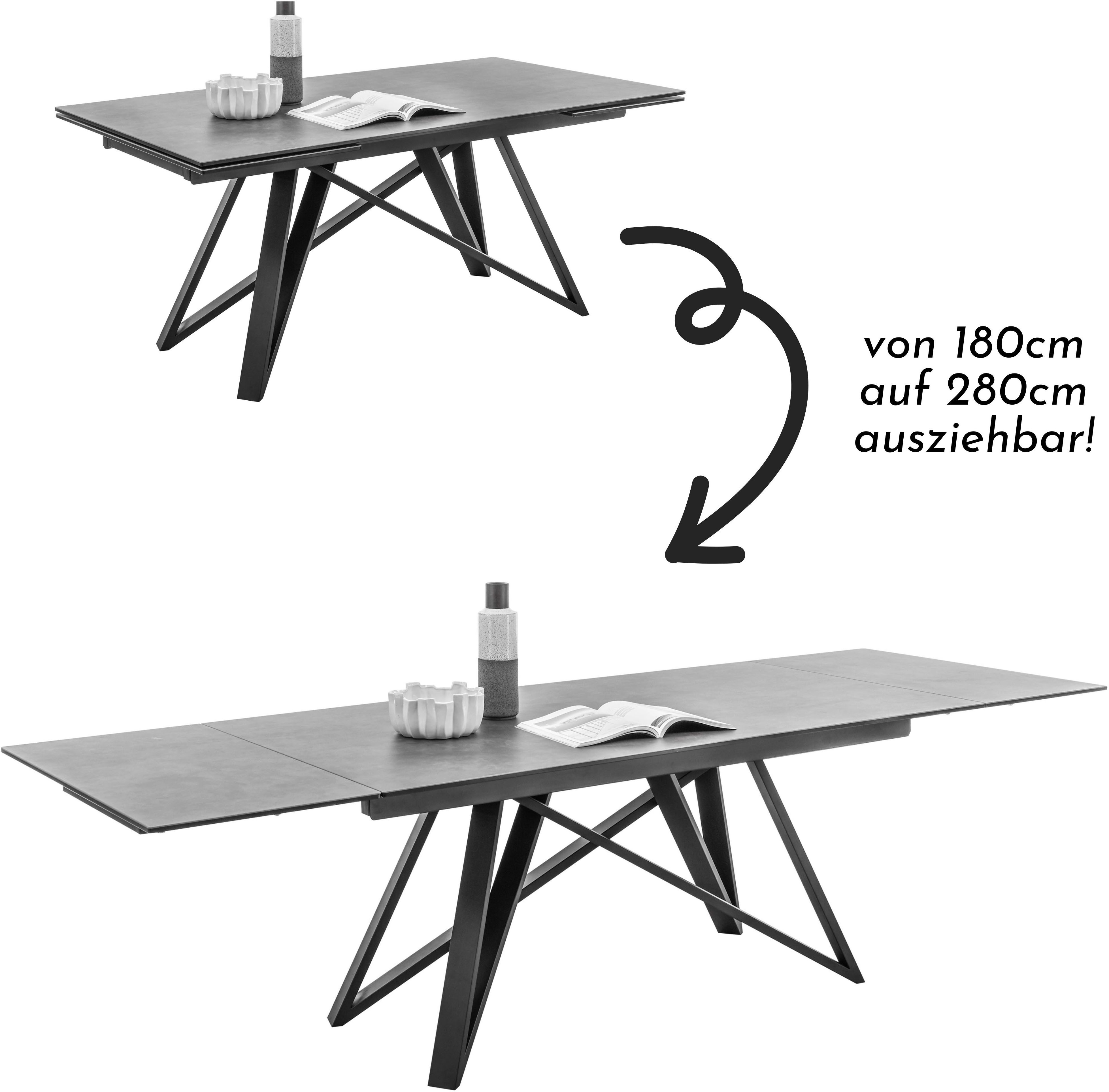 Stolkom Eettafel Charly eettafel keramiek, uitschuifbaar tot 280 cm, BxHxD 180x75x95 cm Keramische oppervlakte, tafelblad aan beide zijden uittrekbaar van 180 naar 280 cm