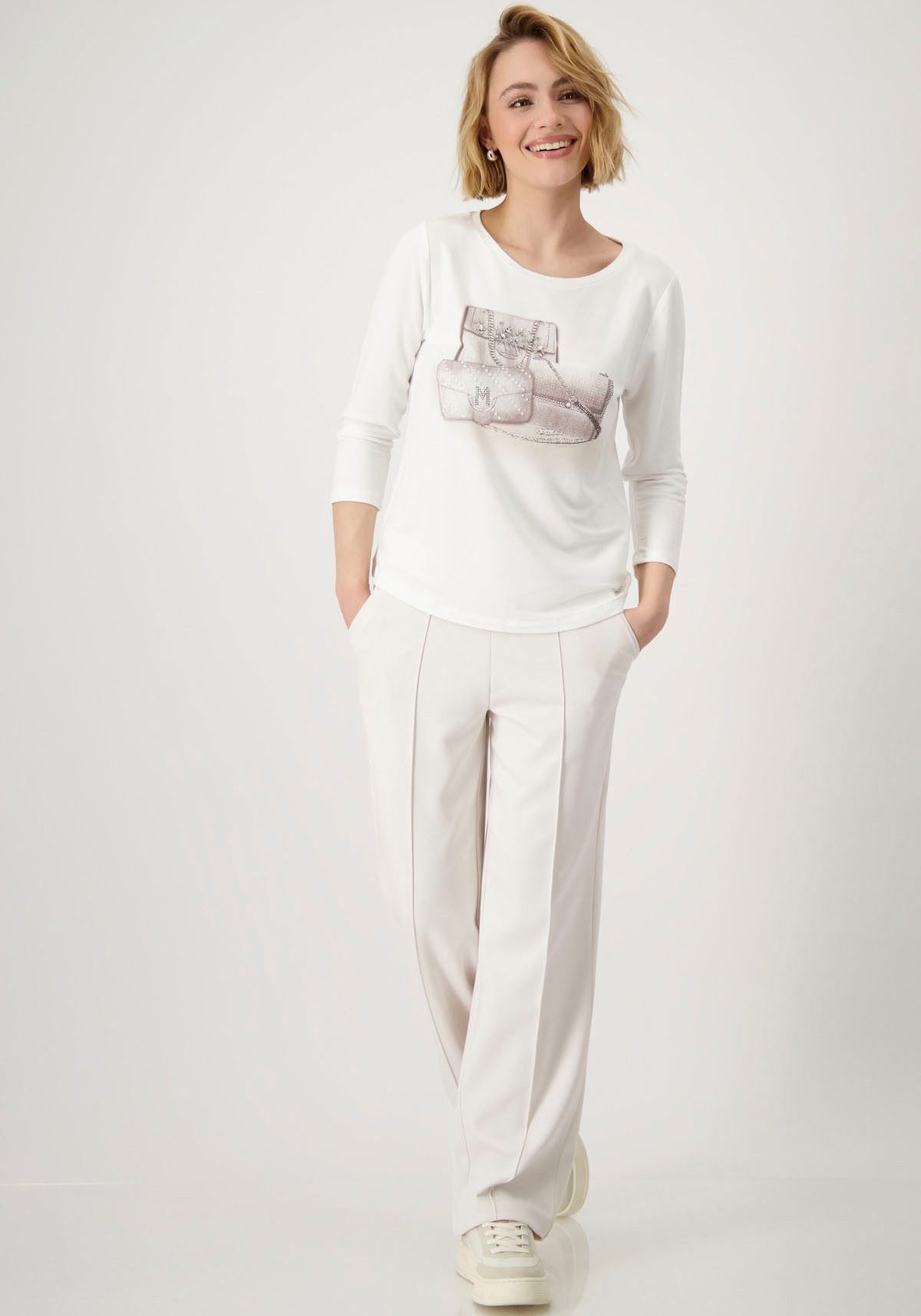 Monari Shirt met ronde hals Shirt met sieraden zakken met frontprint en glitterstuds