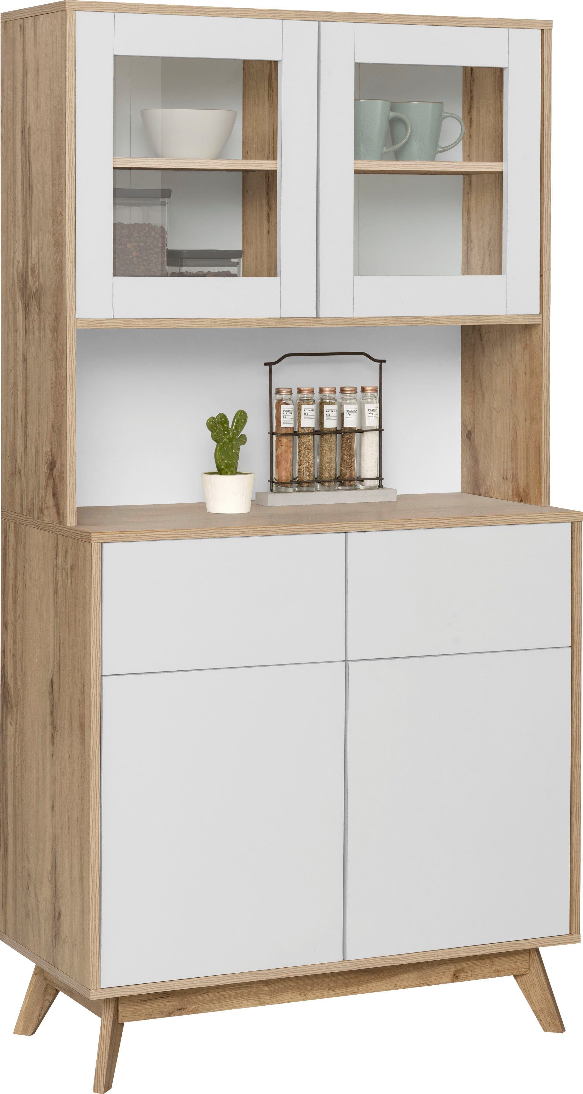 Home affaire Buffetkast Skandi 2 glasdeuren, 2 houten deuren en 2 laden, breedte 84 cm, hoogte 165 cm buffetkasten wit