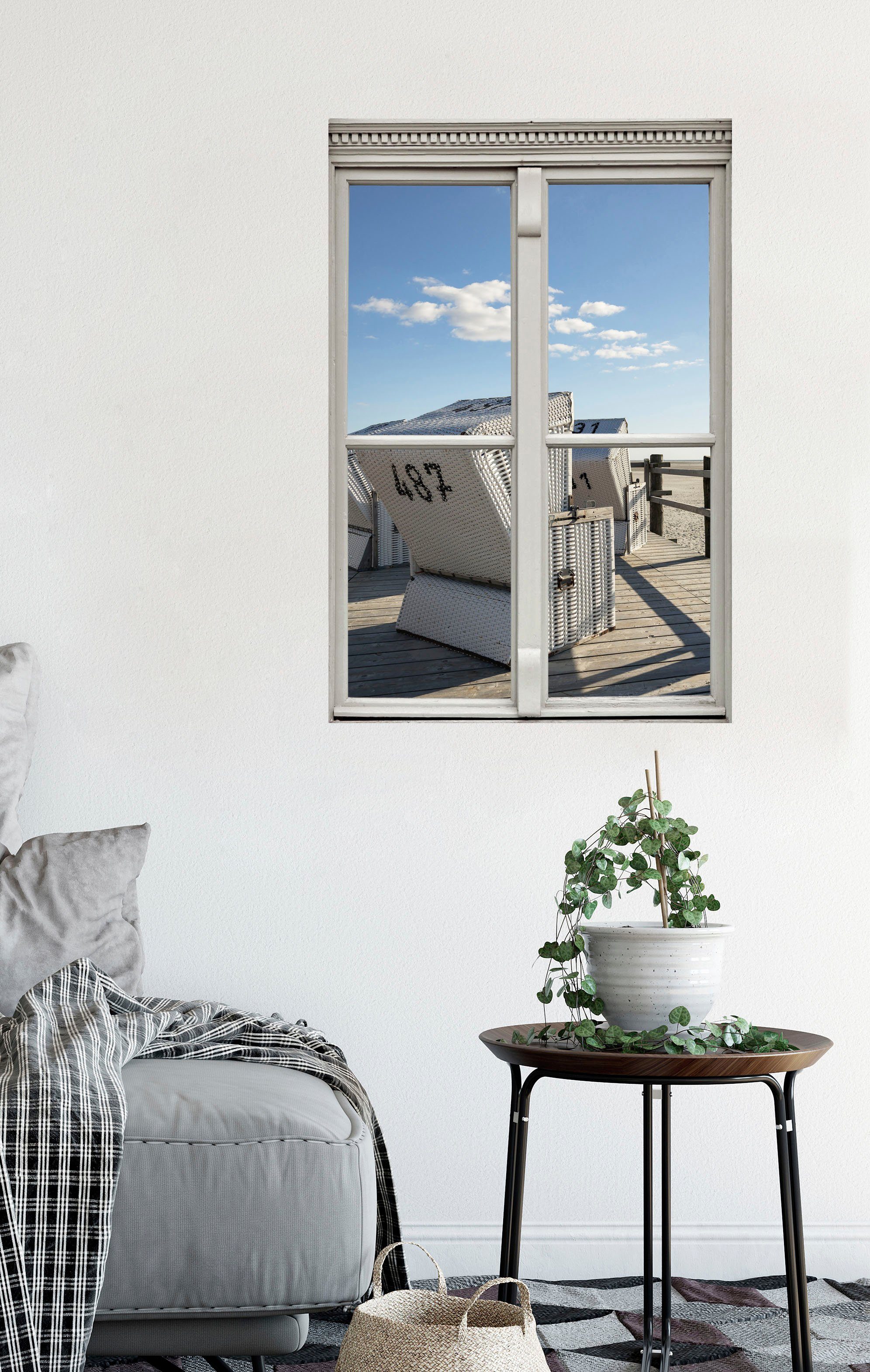 queence Wandfolie Strandstoel Muursticker, muurdecoratie, zelfklevend, 3D, raam