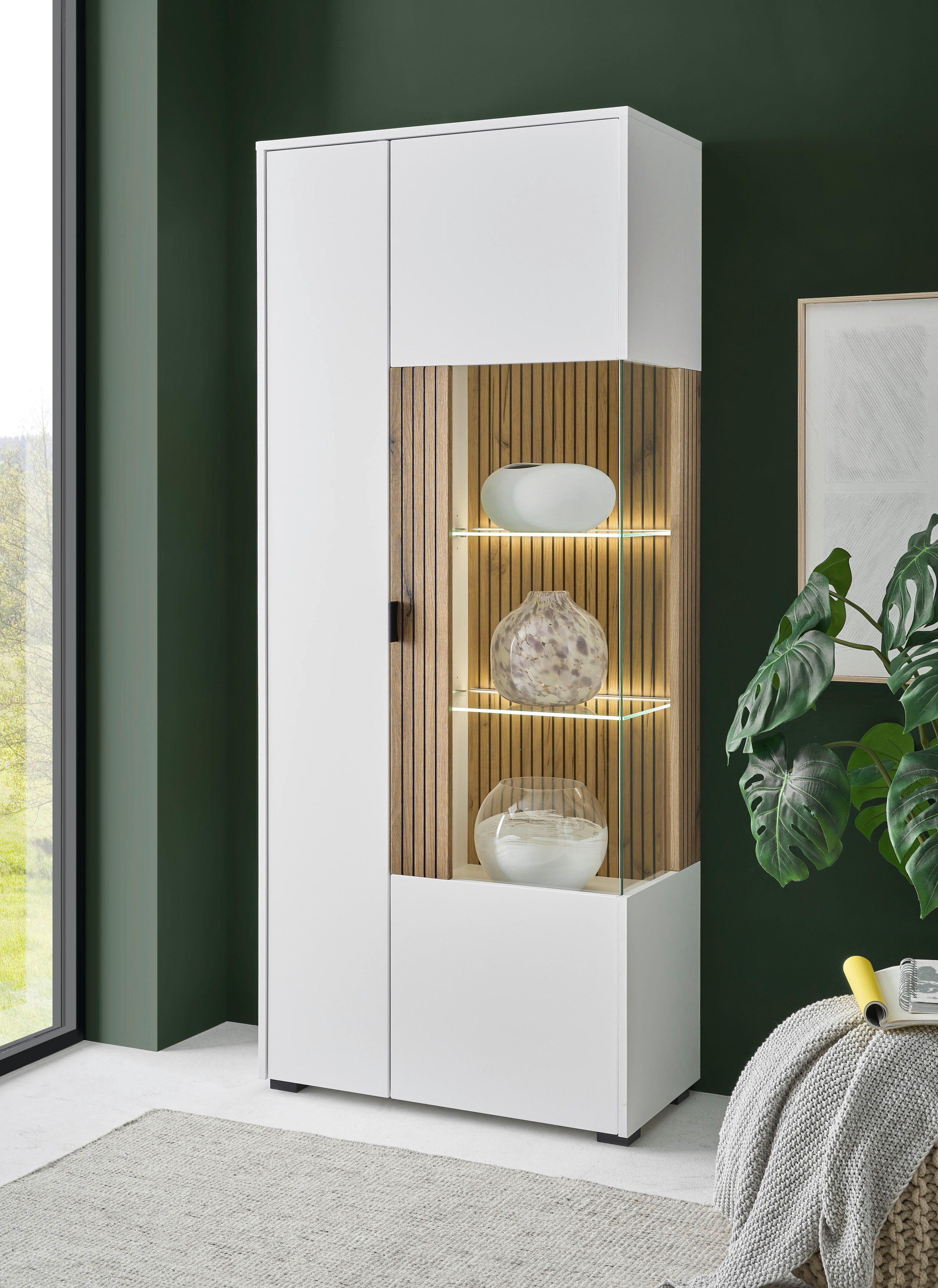 INOSIGN Vitrinekast Hudson, opberghangkast in moderne trendkleur, handgrepen van metaal (zwart), hoogte 180 cm vitrinekasten wit