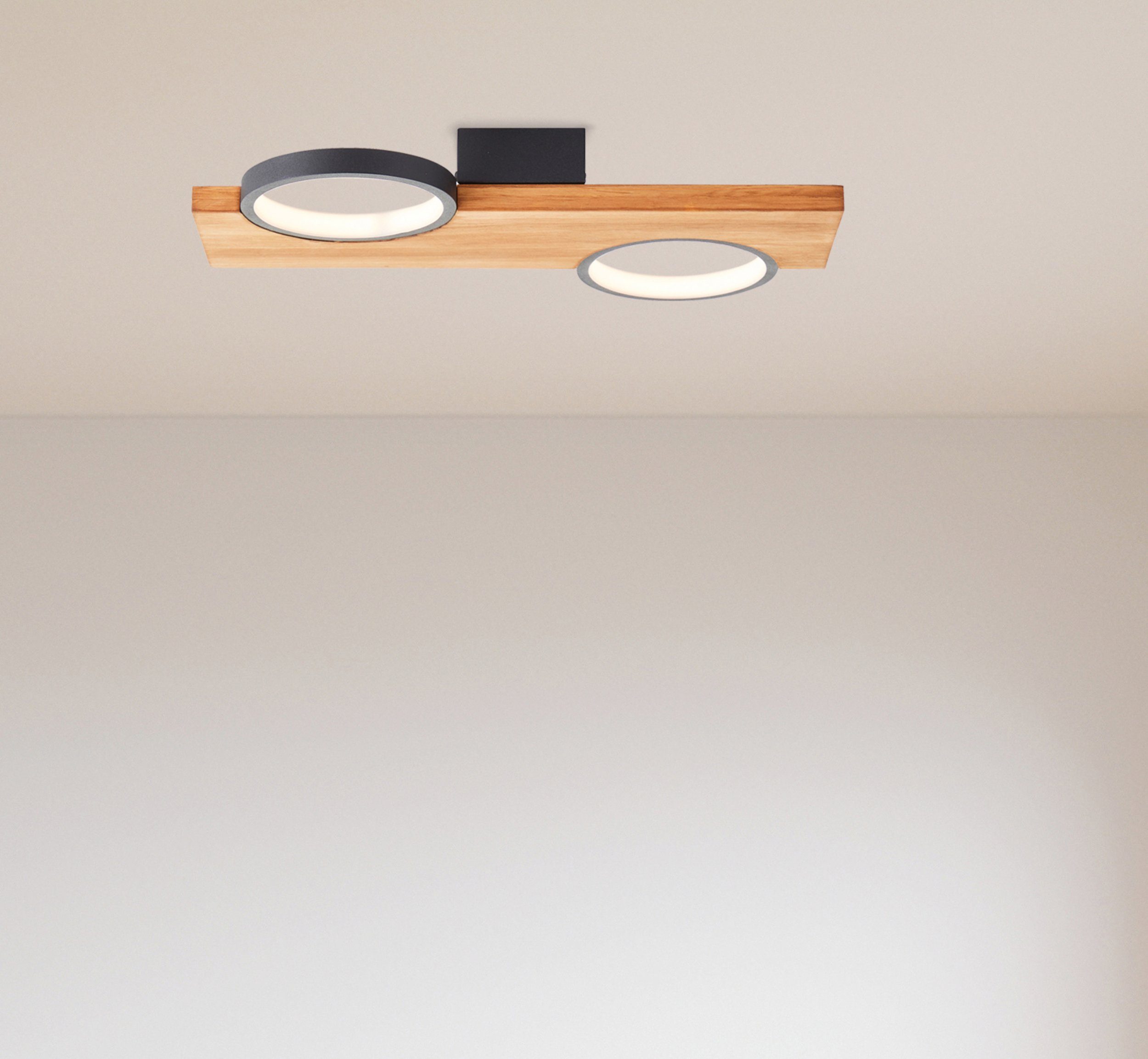 Brilliant Leuchten Led-plafondlamp Cheesy 40 x 25 cm, 1400lm, 3000k, hout/metaal, natuur/zwart