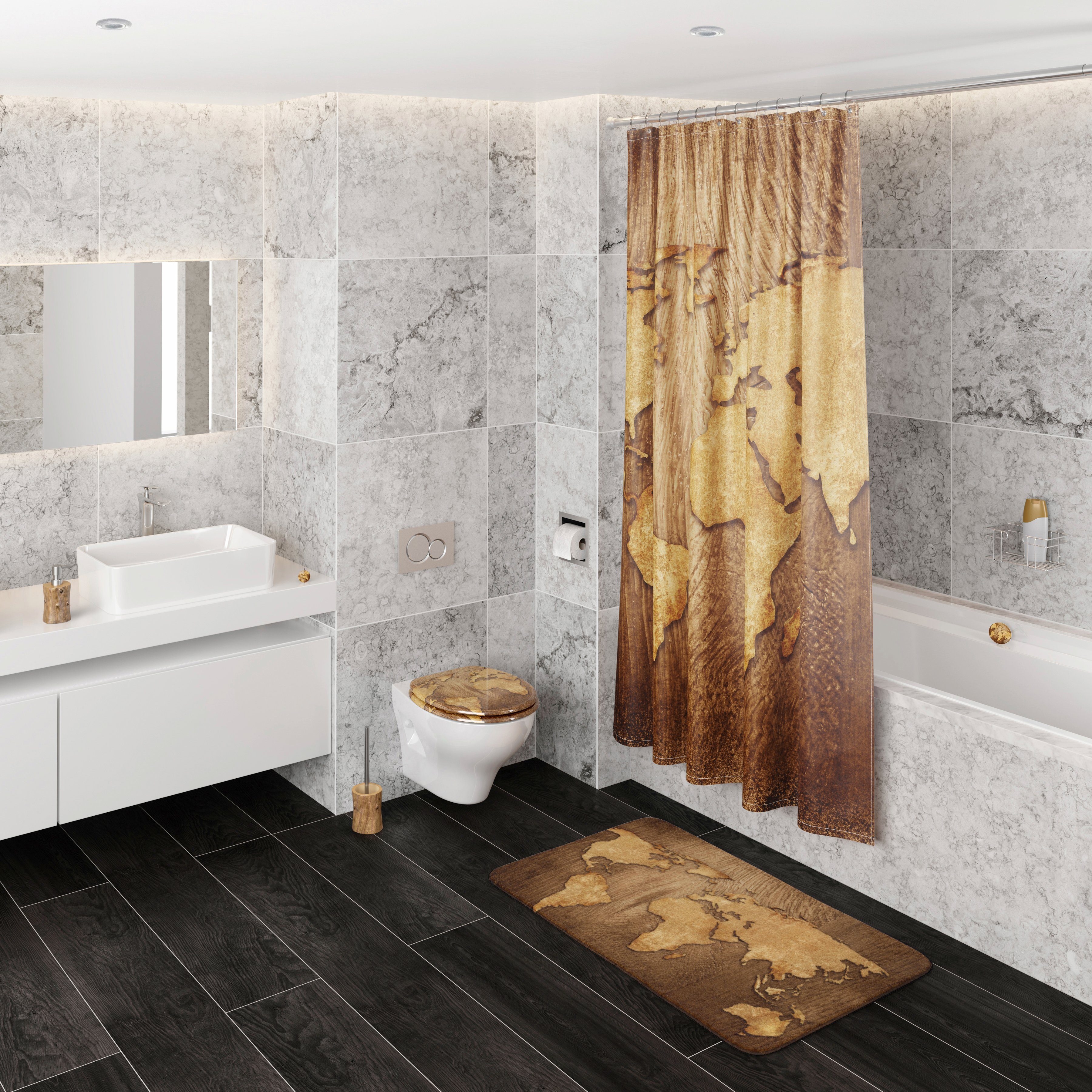 Sanilo Set badkameraccessoires World Map bestaand uit toiletzitting, badmat en wastafelplug (complete set, 3-delig)