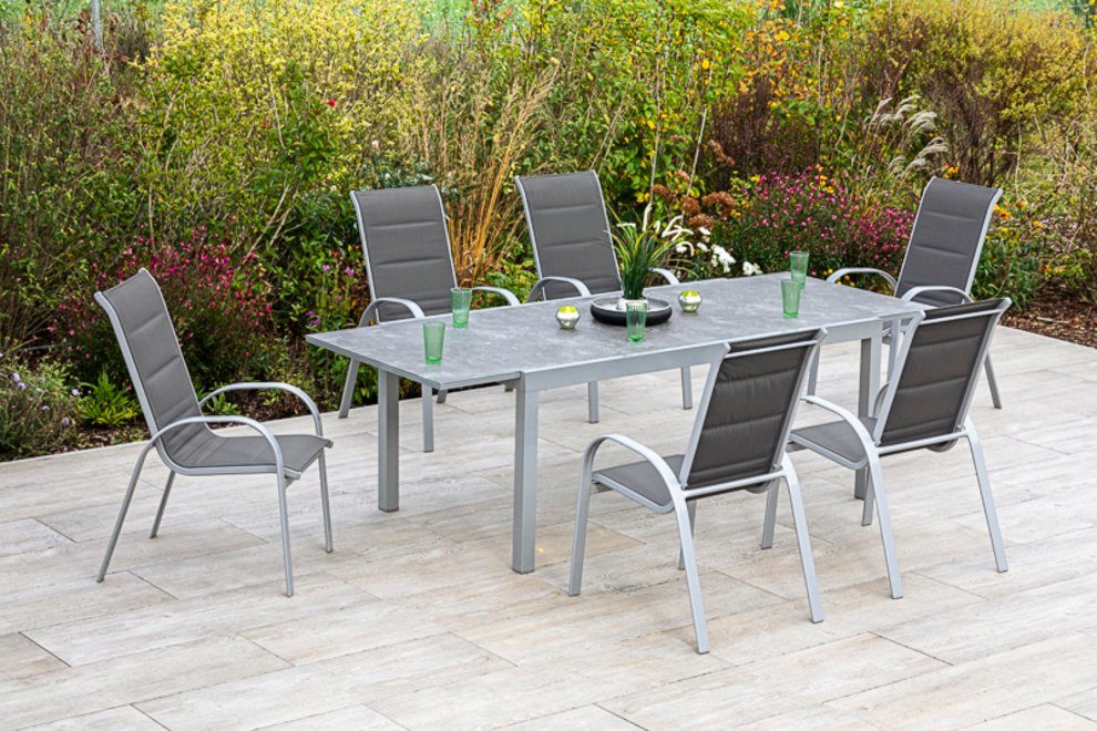 MERXX Tuin-eethoek Amalfi di lusso 6 stapelstoelen, stoel met een hoge rugleuning, met uittrekbare tafel (7-delig)