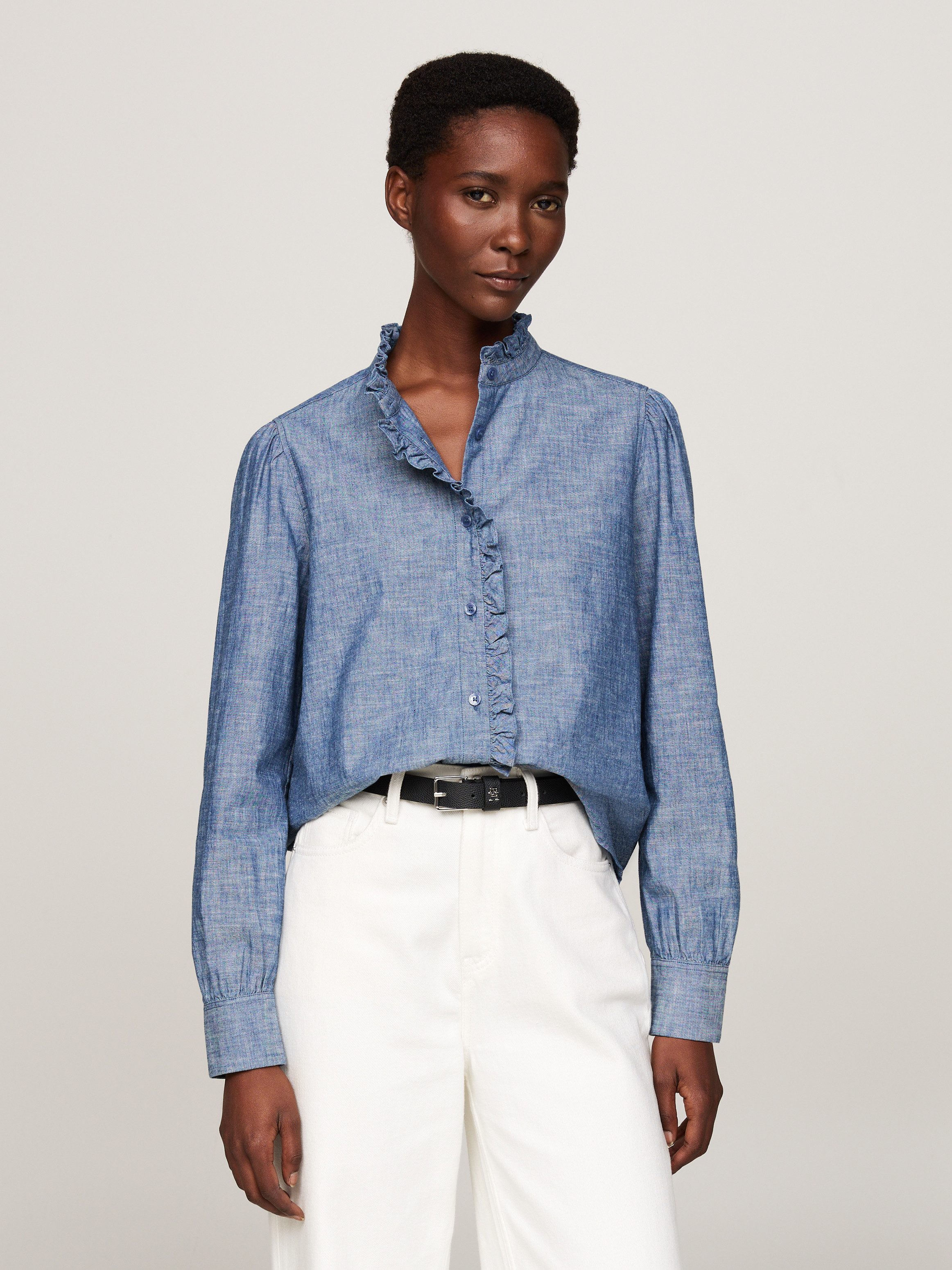 Tommy Hilfiger Shirtblouse CHAMBRAY RUFFLE RELAXED SHIRT met ruches chambray kwaliteit