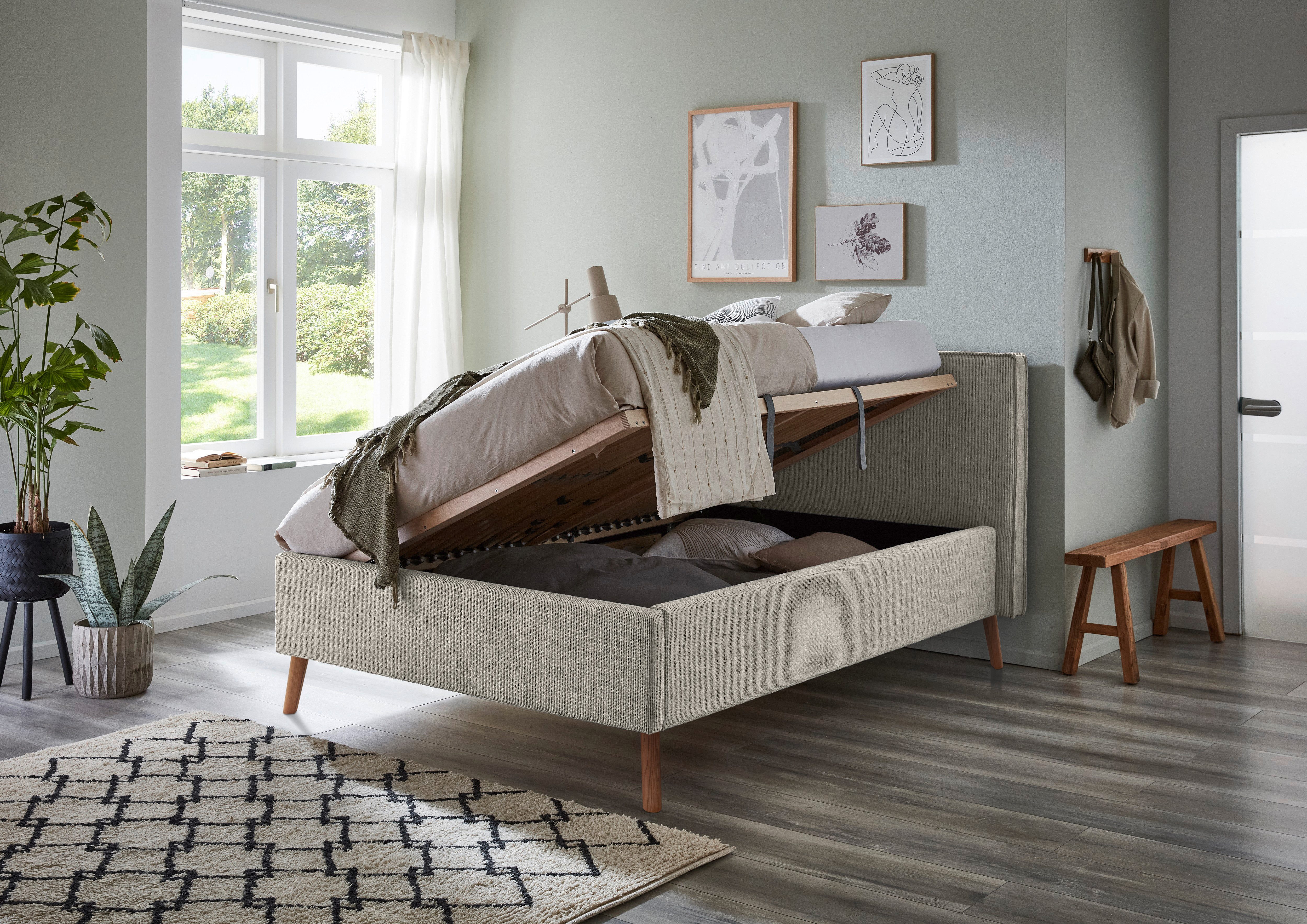 meise.möbel Gestoffeerd bed Riva met eikenkleurige houten poten, naar keuze met bedkist en lattenbodem