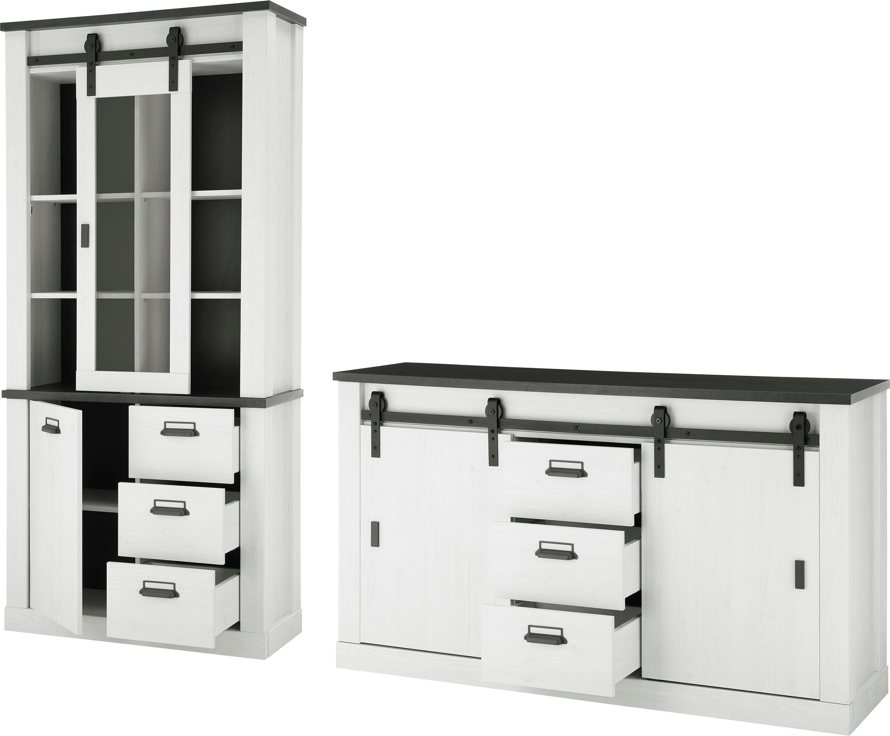 Home affaire Wandmeubel Sherwood Schuurdeurbeslag en apothekersgrepen van metaal, hoogte 201 cm (2-delig) tv-wandmeubels wit