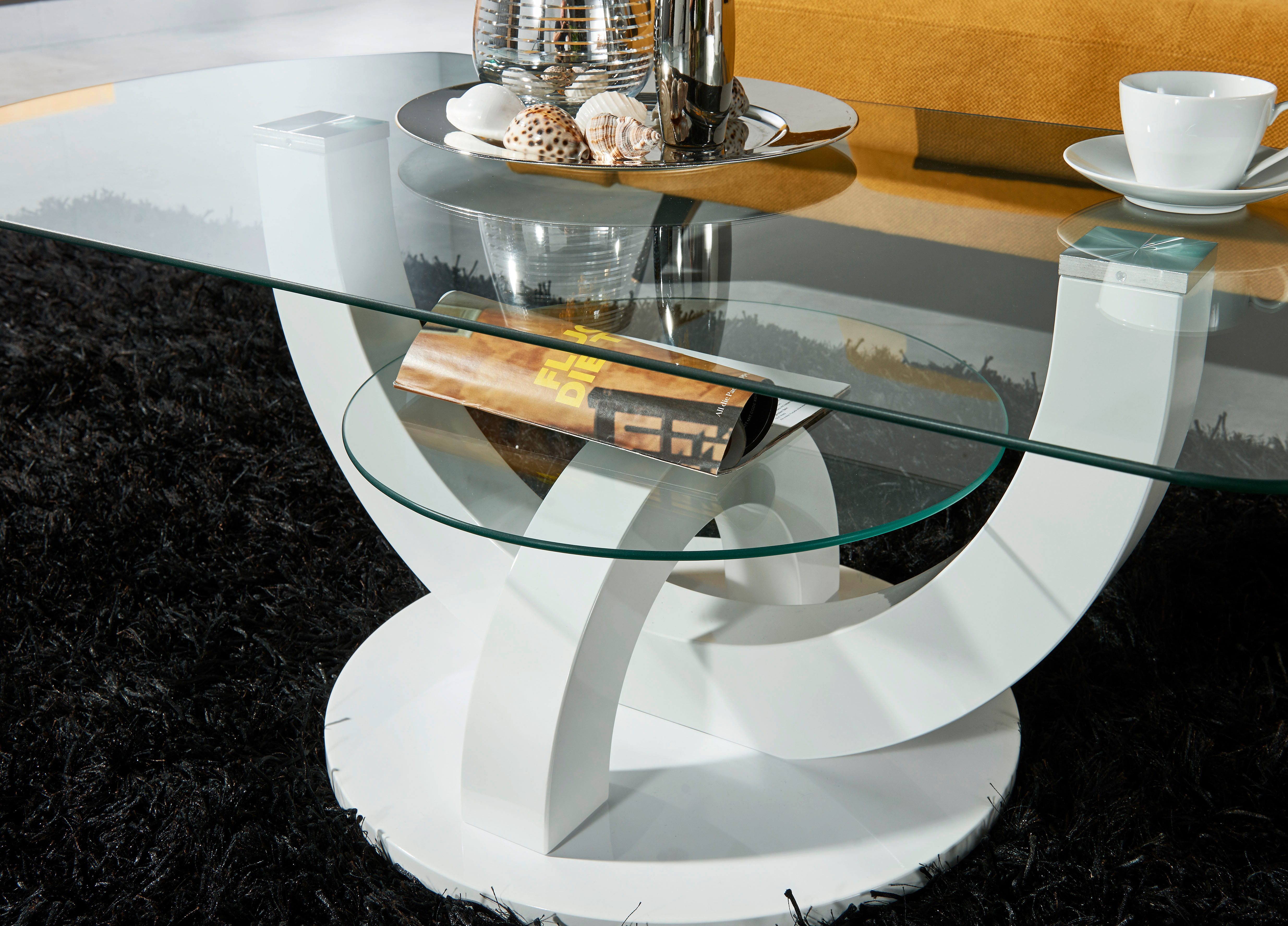 Stolkom Salontafel Boston, TOPSELLER! Glas tafel, tafel met U-vorm frame in wit hoogglans