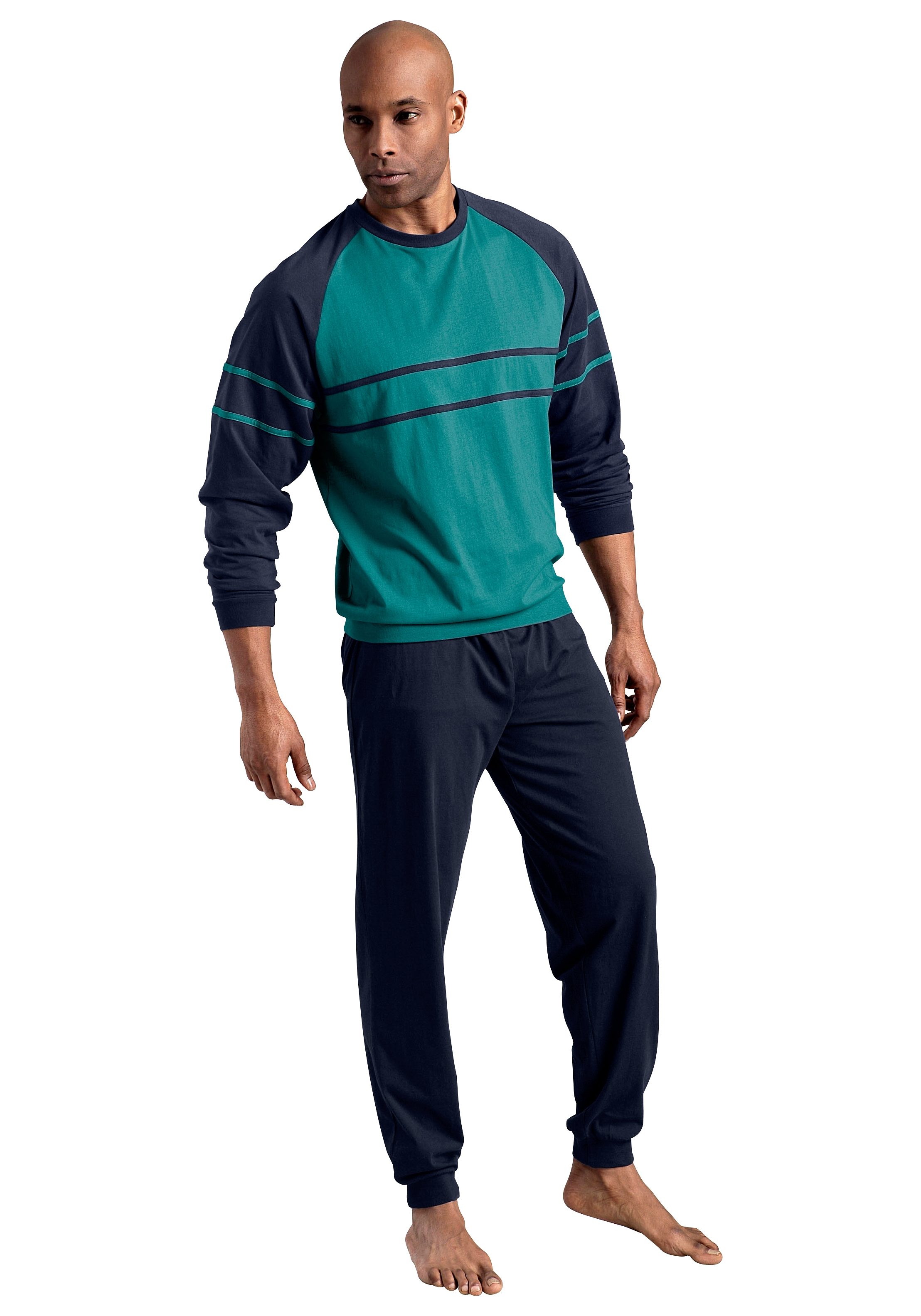 le jogger® Pyjama voor heren in dubbelpak in een lang model met opgestikte strepen (4-delig, Set van 2)