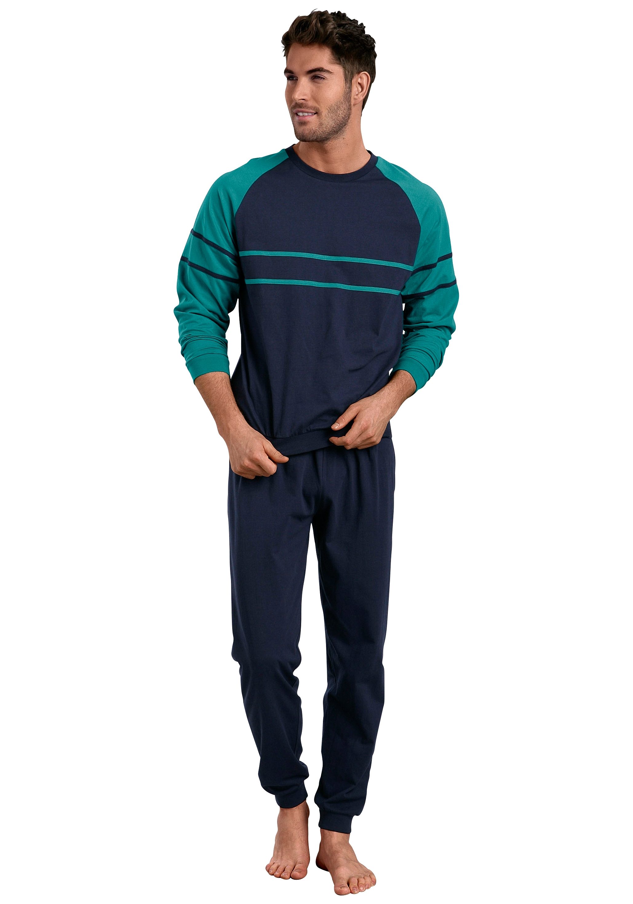 le jogger® Pyjama voor heren in dubbelpak in een lang model met opgestikte strepen (4-delig, Set van 2)
