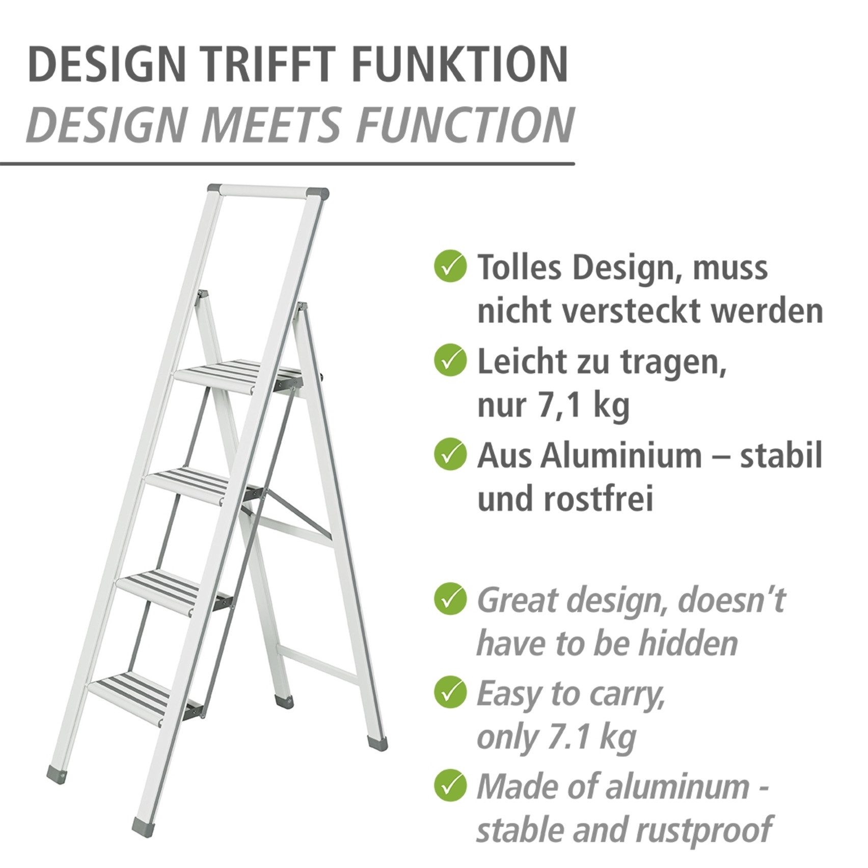 WENKO Huishoudtrapje Model Alu-Design Aluminium-design, XXL-treden, plat inklapbaar