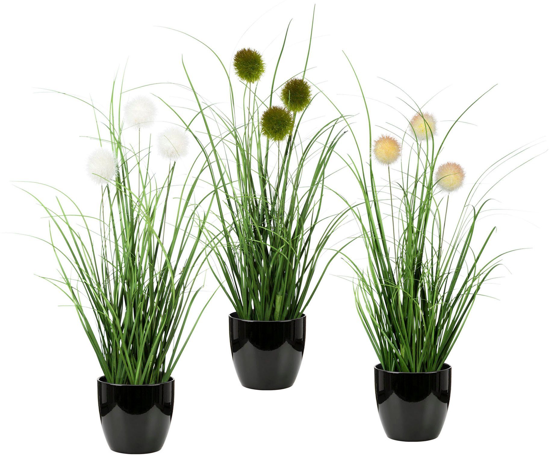 Leonique Kunstgras Grasbundel met bollen Kunstplant, gras, in een pot, set van 3 (set)