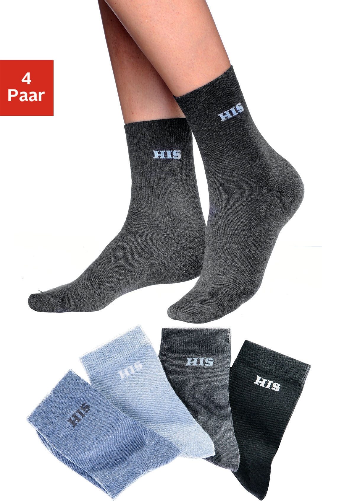 H.I.S Basic sokken met ingebreid logo (set, 4 paar) unisex sokken maat 43-46 multicolor
