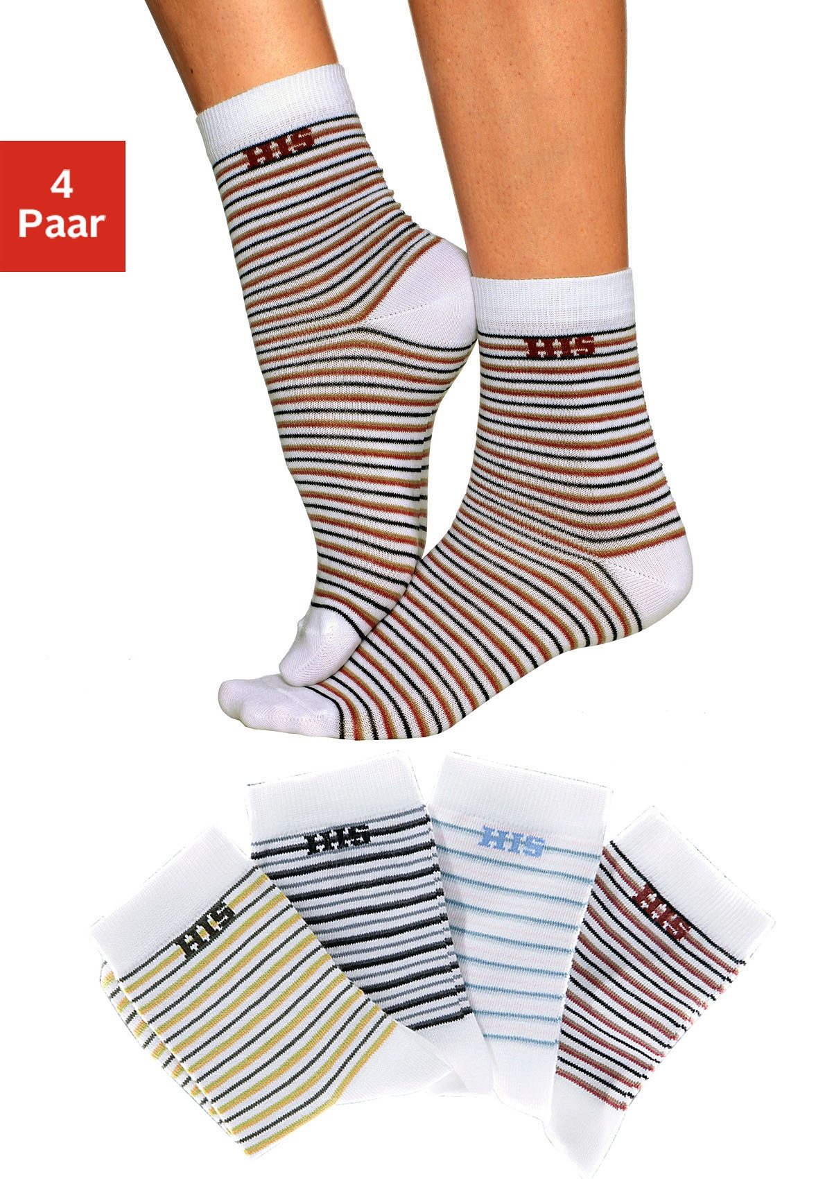 H.I.S Basic sokken met ingebreid logo (set, 4 paar) unisex sokken maat 35-38 wit