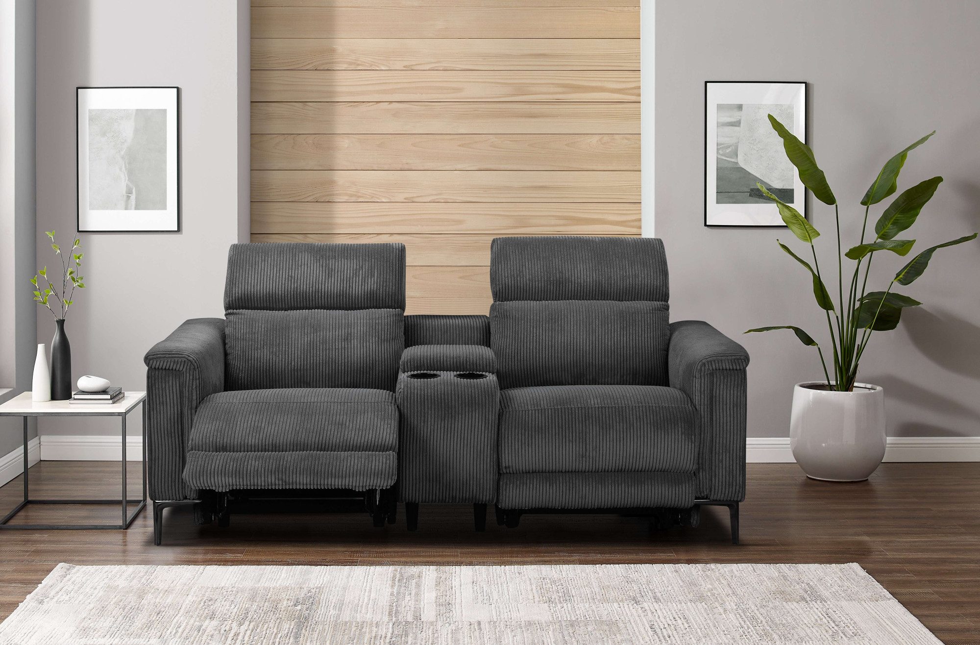 Places of Style 2-zitsbank Lund in cord, 2-zits bioscoopbank, tv-fauteuil, multimedia-sofa, USB-A met elektrische of handmatige relaxfunctie, bekerhouder en opbergruimte