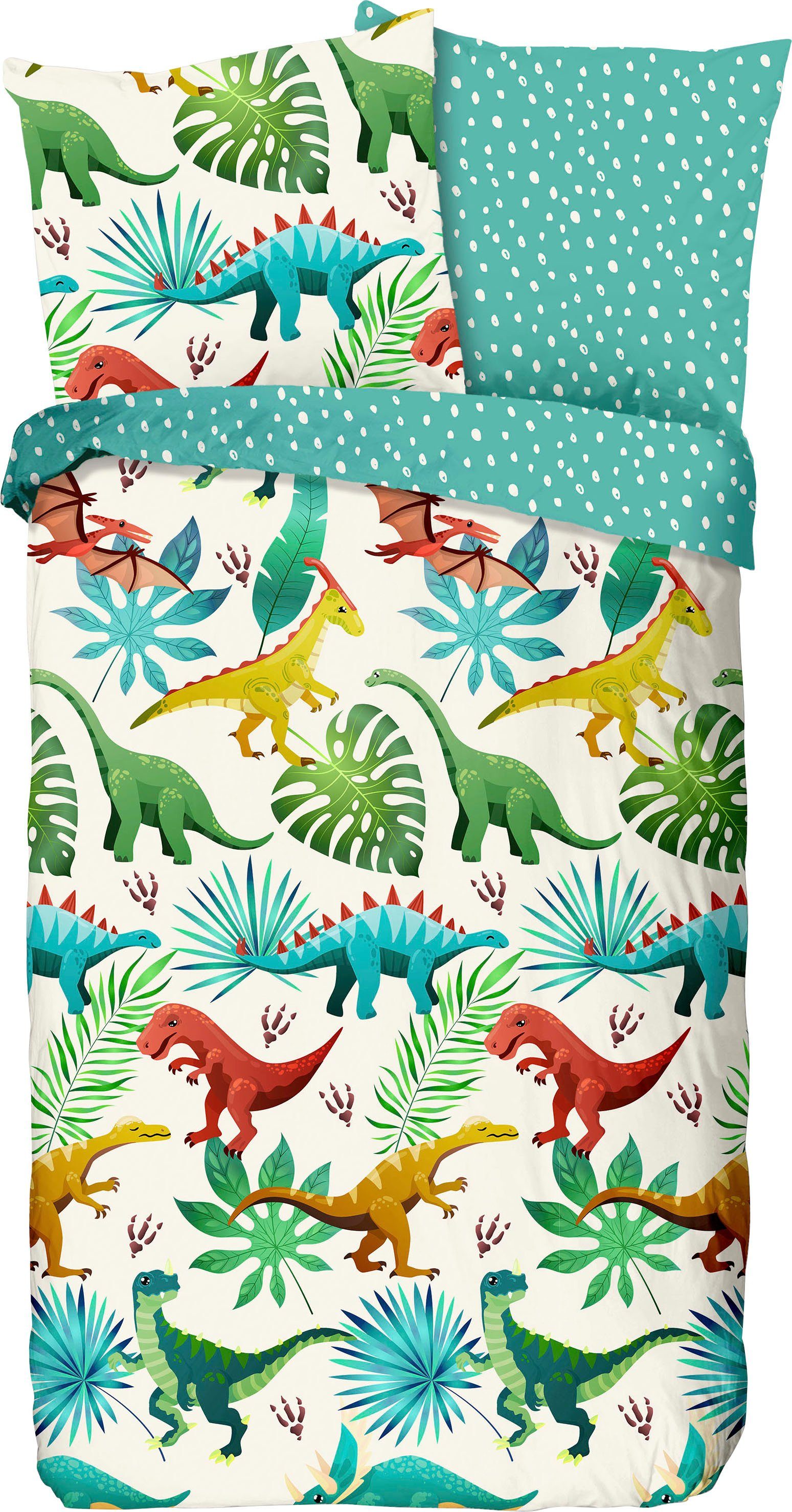 good morning Kinderovertrekset Dynos Katoen, 135x200, Rits, Omkeerbaar, Kind, Jongens, Dinosaurus Groen (2-delig)