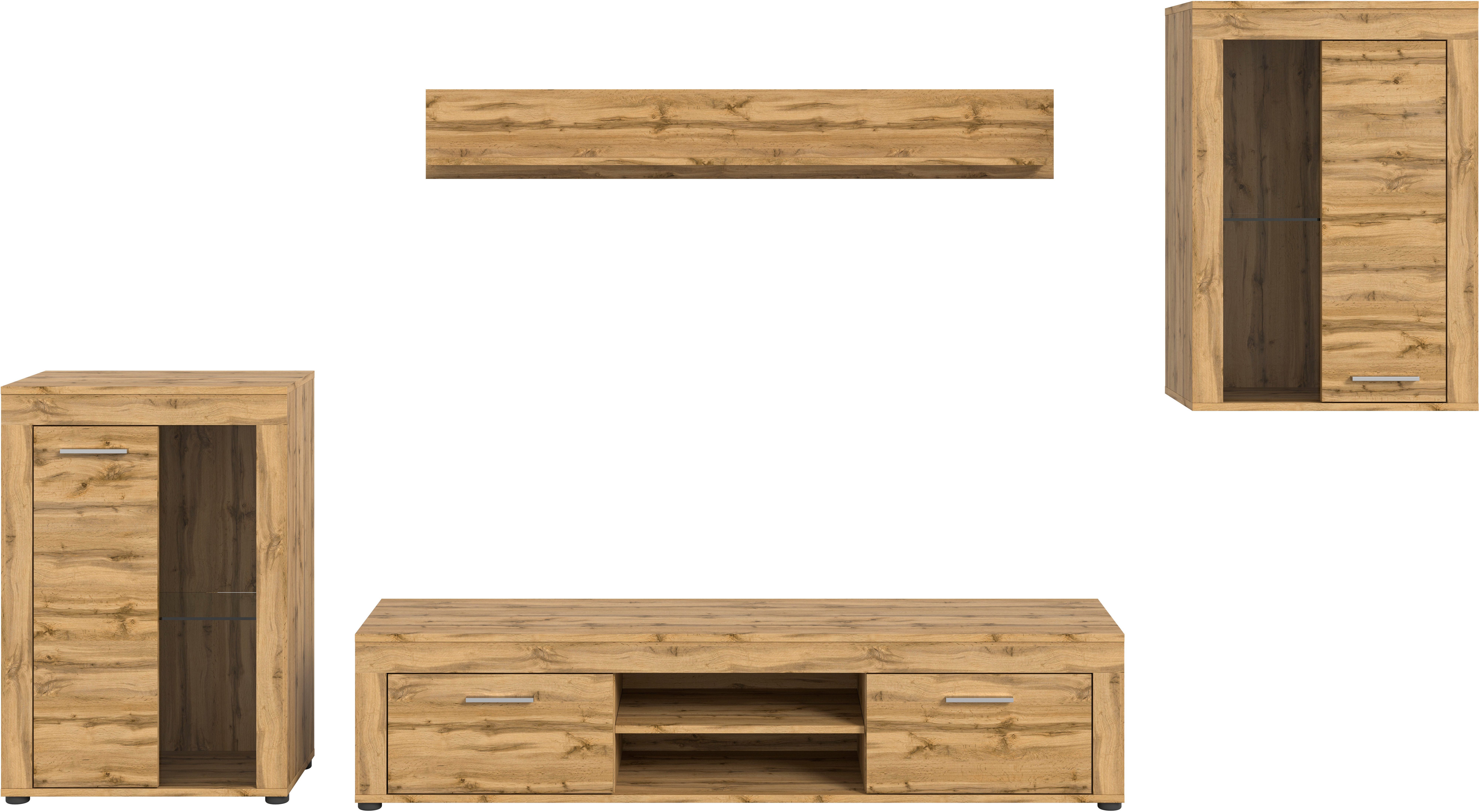 INOSIGN Wandmeubel Aosta, 4-delig, bestaande uit: 2x vitrinekast, lowboard & wandplank (4-delig)
