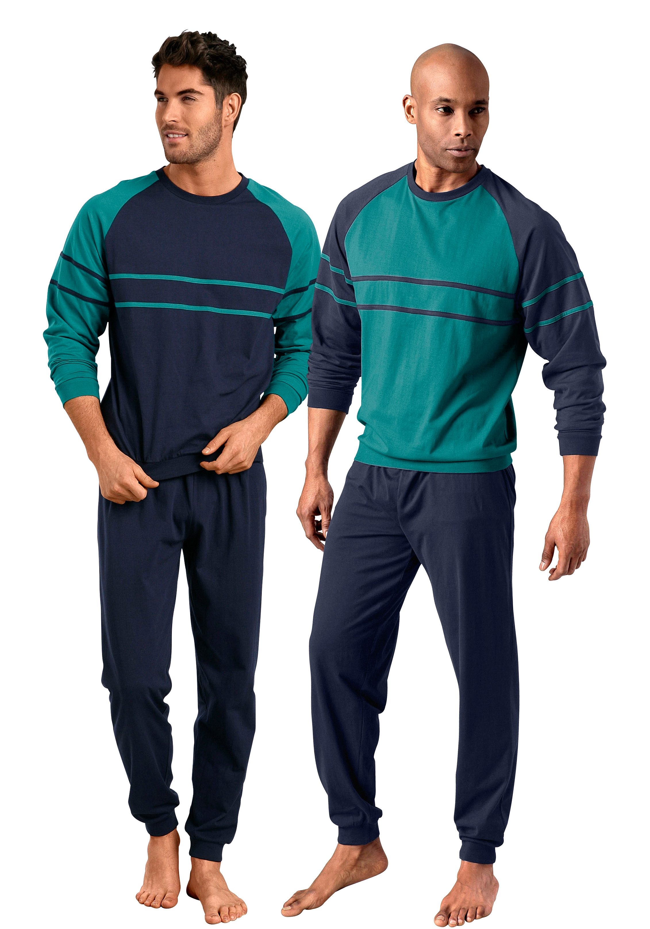 le jogger® Pyjama voor heren in dubbelpak in een lang model met opgestikte strepen (4-delig, Set van 2)