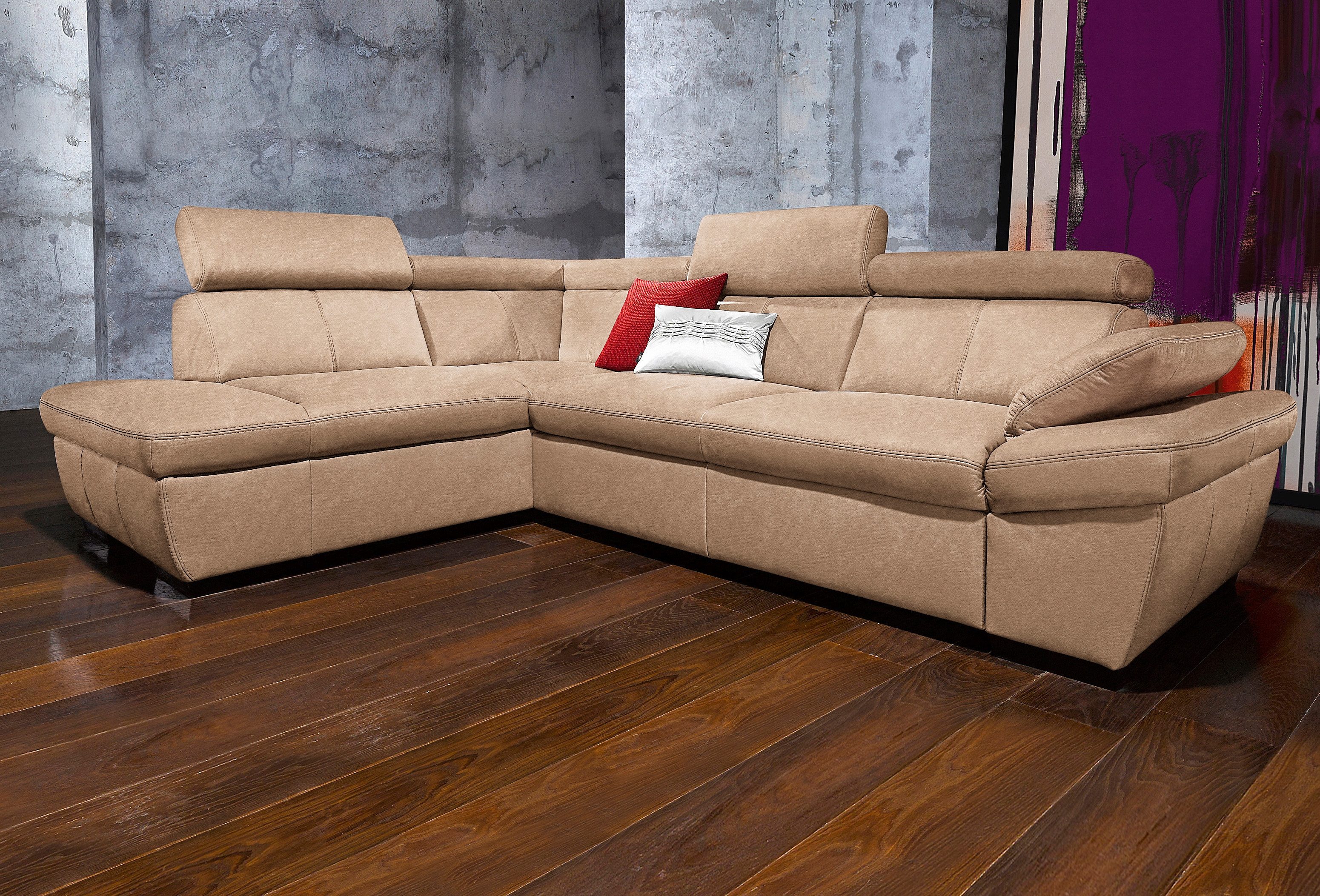 Exxpo - sofa fashion Hoekbank Salerno, klassieke moderne functionele bank, hoog zitcomfort, L-vorm inclusief verstelbare hoofdsteun en armleuning, naar keuze met slaapfunctie