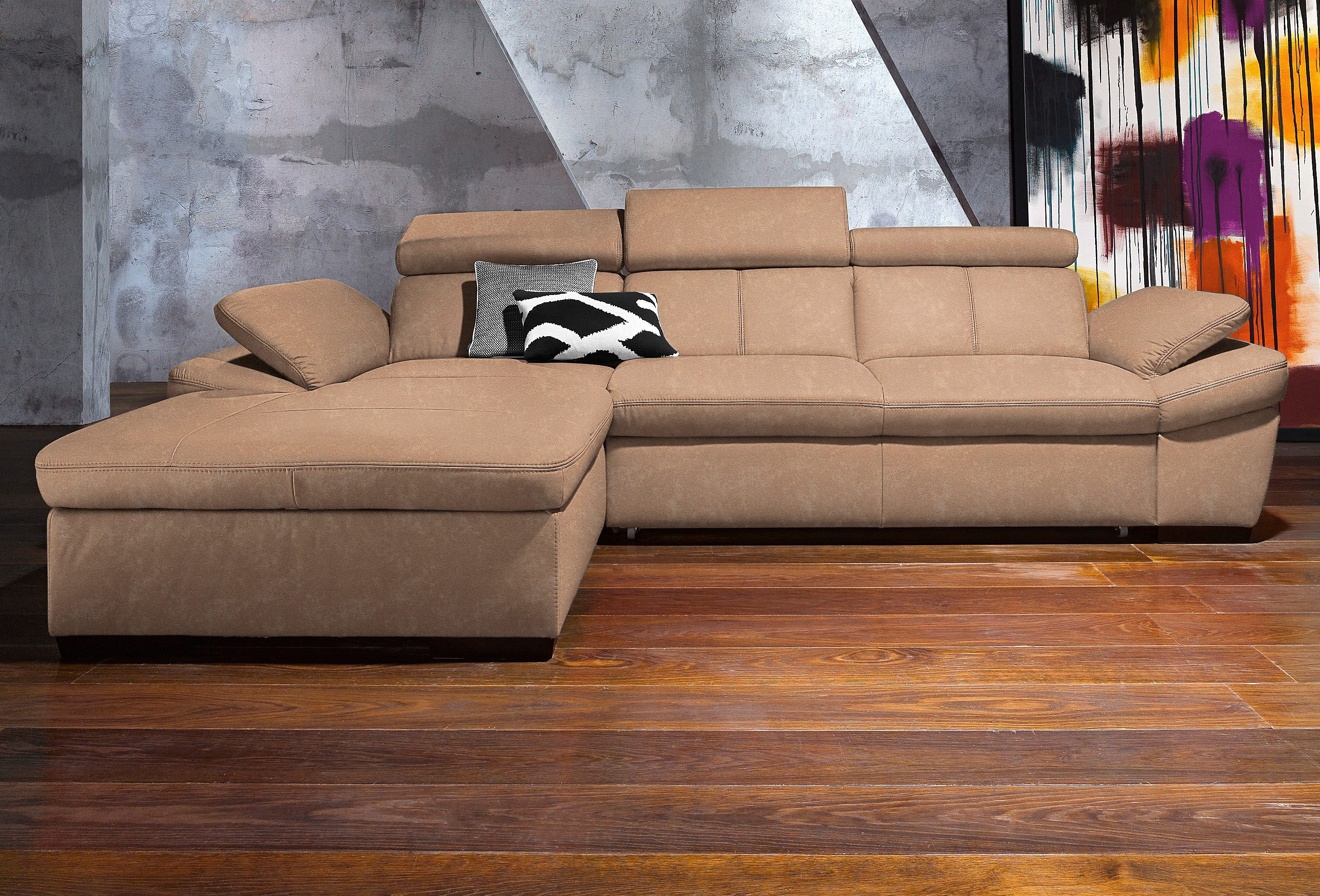 Exxpo - sofa fashion Hoekbank Salerno, klassieke moderne functionele bank, hoog zitcomfort, L-vorm inclusief verstelbare hoofdsteun en armleuning, naar keuze met slaapfunctie