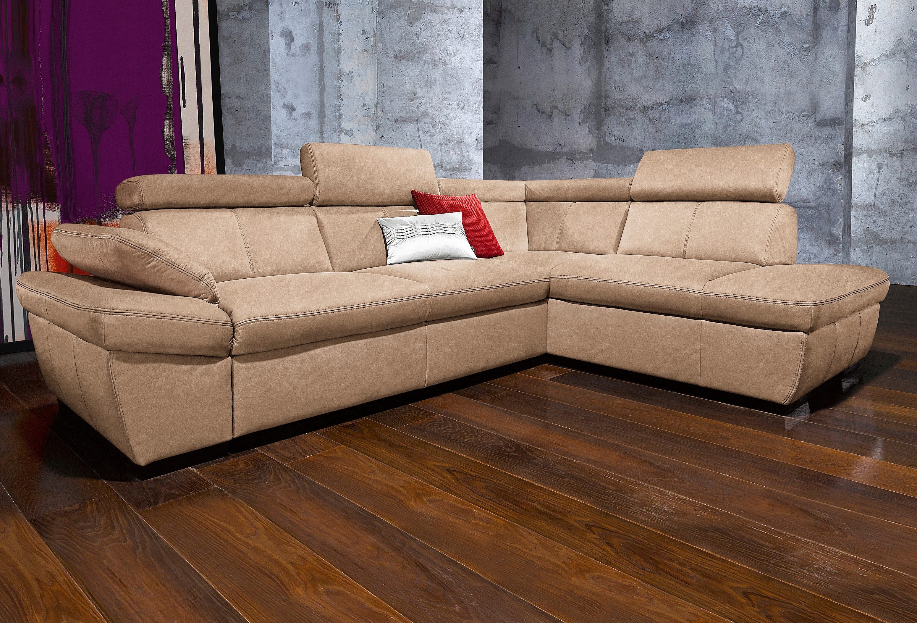 Exxpo - sofa fashion Hoekbank Salerno, klassieke moderne functionele bank, hoog zitcomfort, L-vorm inclusief verstelbare hoofdsteun en armleuning, naar keuze met slaapfunctie