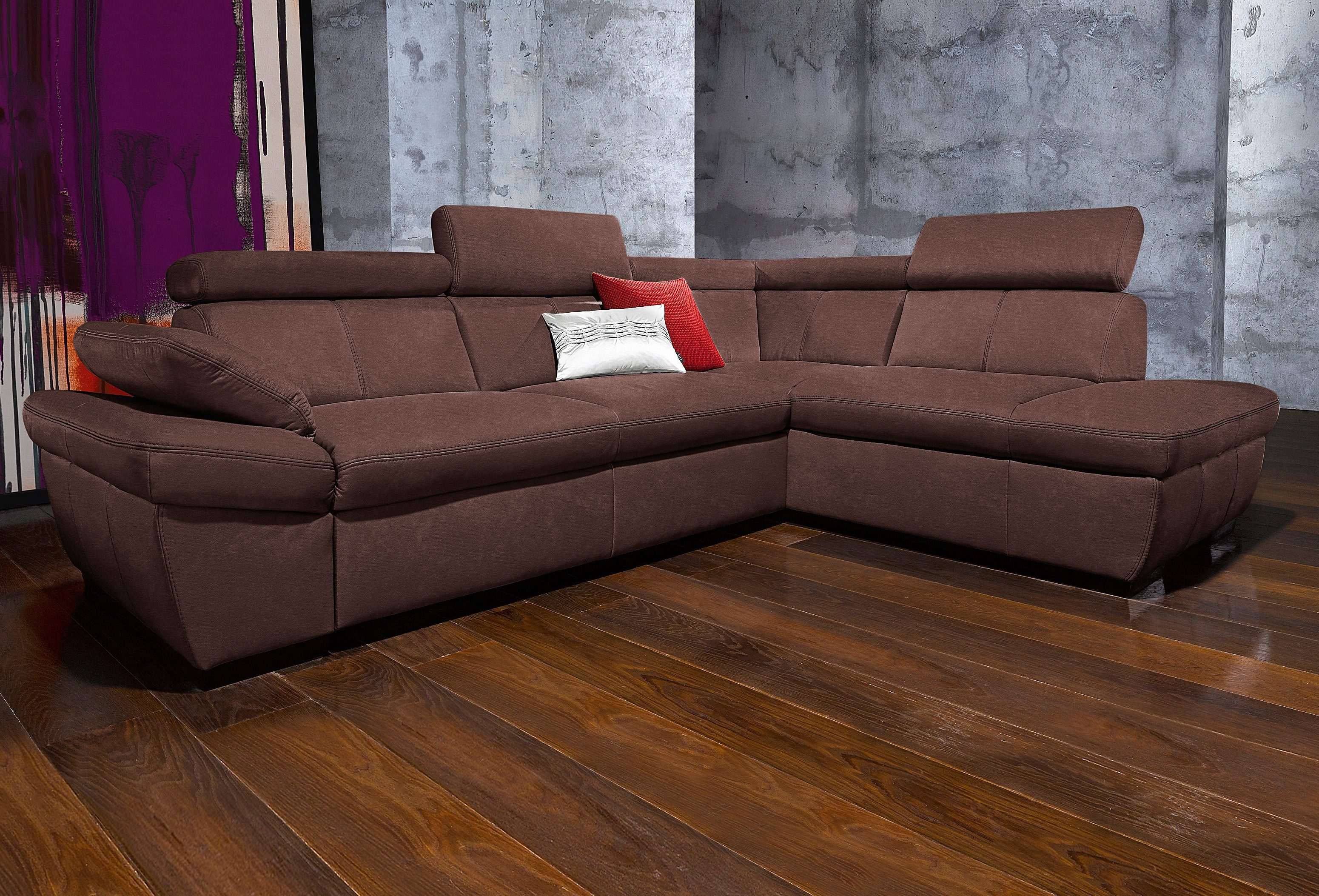 Exxpo - sofa fashion Hoekbank Salerno, klassieke moderne functionele bank, hoog zitcomfort, L-vorm inclusief verstelbare hoofdsteun en armleuning, naar keuze met slaapfunctie