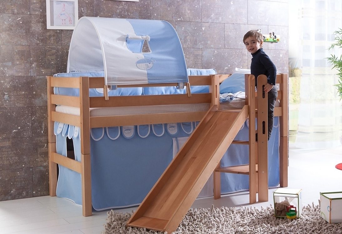 Relita Hoogslaper Eliyas incl. oprolbare lattenbodem, met ladder, glijbaan en textiel set, massief beuken hoogslapers blauw