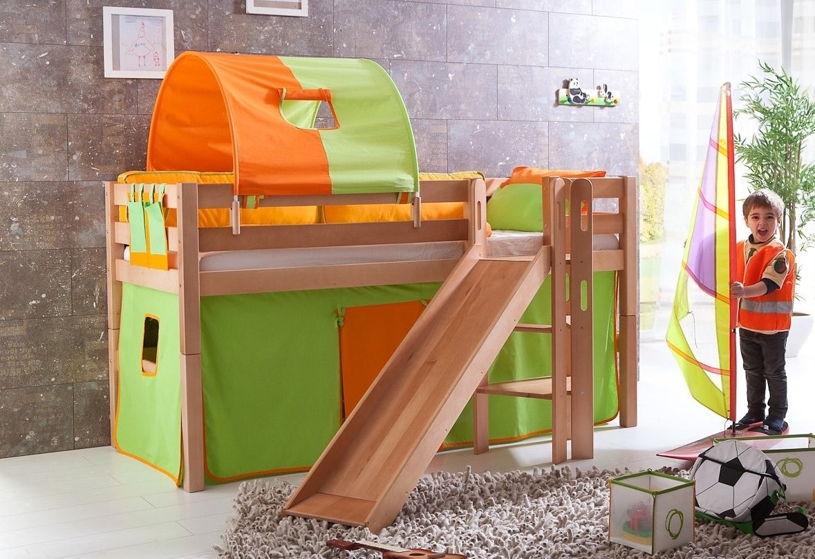 Relita Hoogslaper Eliyas incl. oprolbare lattenbodem, met ladder, glijbaan en textiel set, massief beuken hoogslapers multicolor