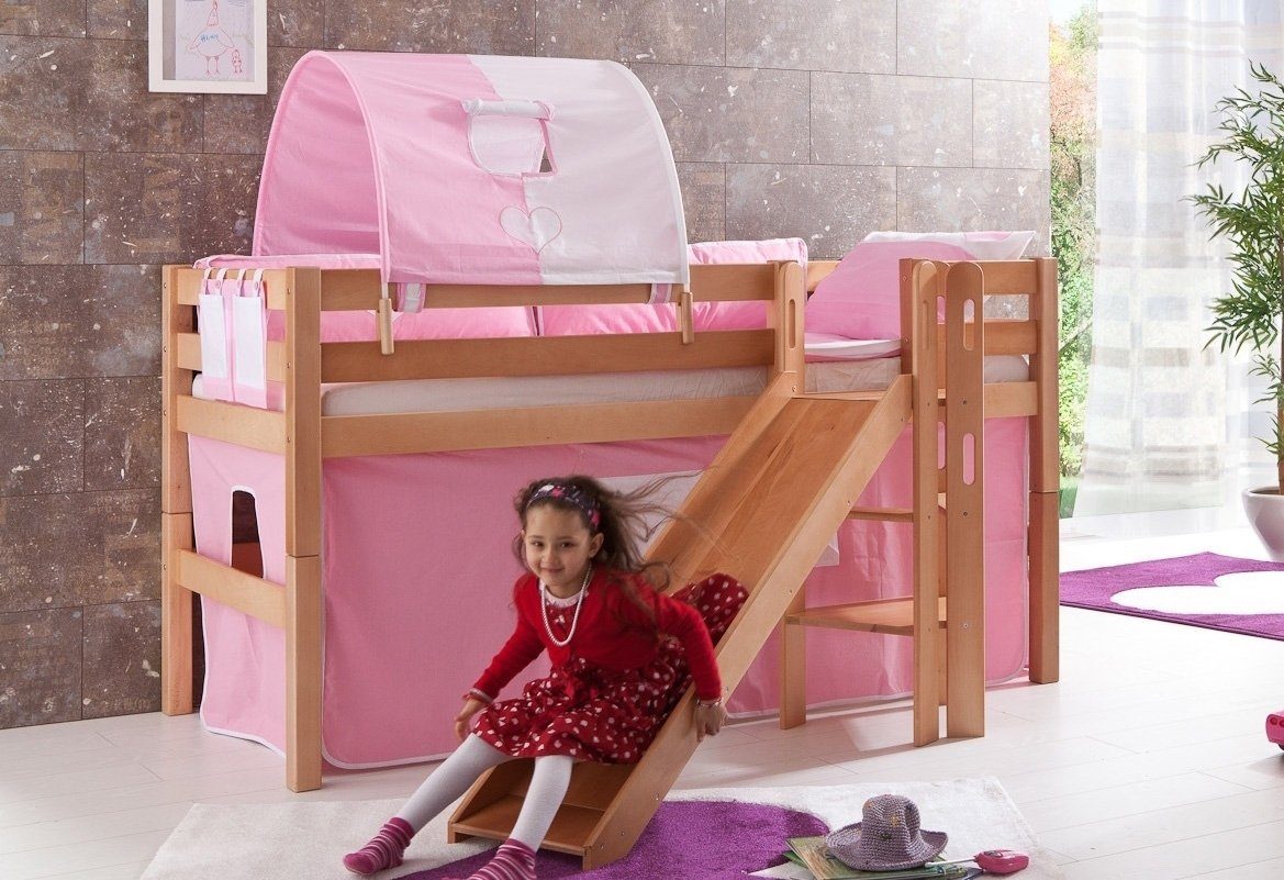 Relita Hoogslaper Eliyas incl. oprolbare lattenbodem, met ladder, glijbaan en textiel set, massief beuken