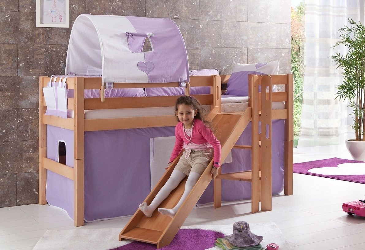 Relita Hoogslaper Eliyas incl. oprolbare lattenbodem, met ladder, glijbaan en textiel set, massief beuken hoogslapers paars