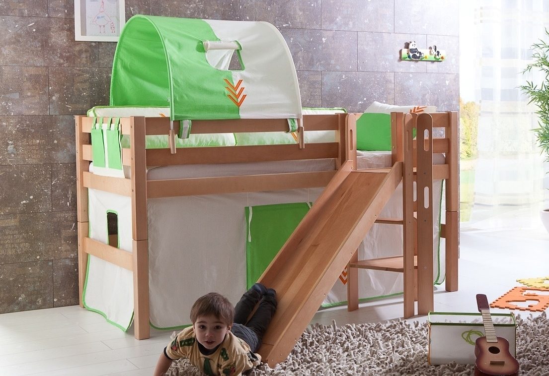 Relita Hoogslaper Eliyas incl. oprolbare lattenbodem, met ladder, glijbaan en textiel set, massief beuken hoogslapers multicolor